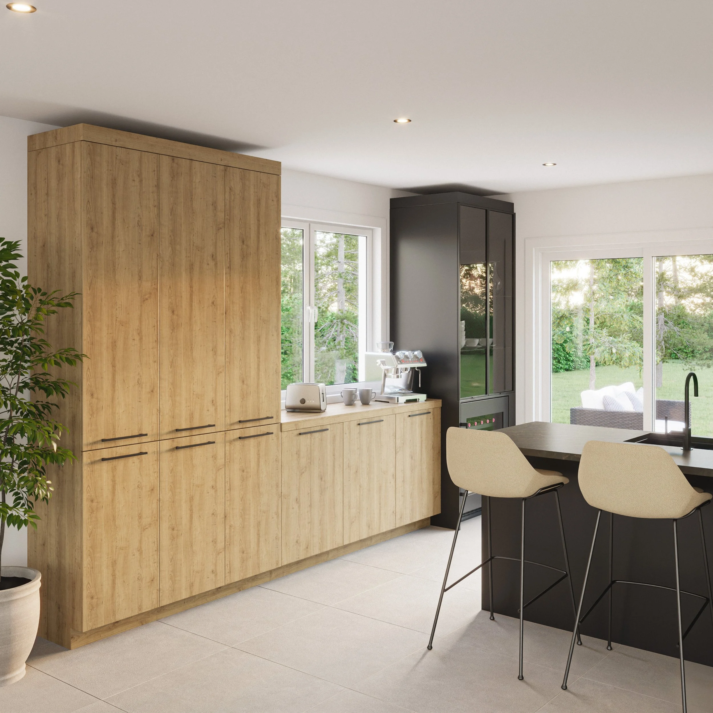 Modern kitchen with light wood cabinets, black accents, and a view of a backyard through sliding glass doors.