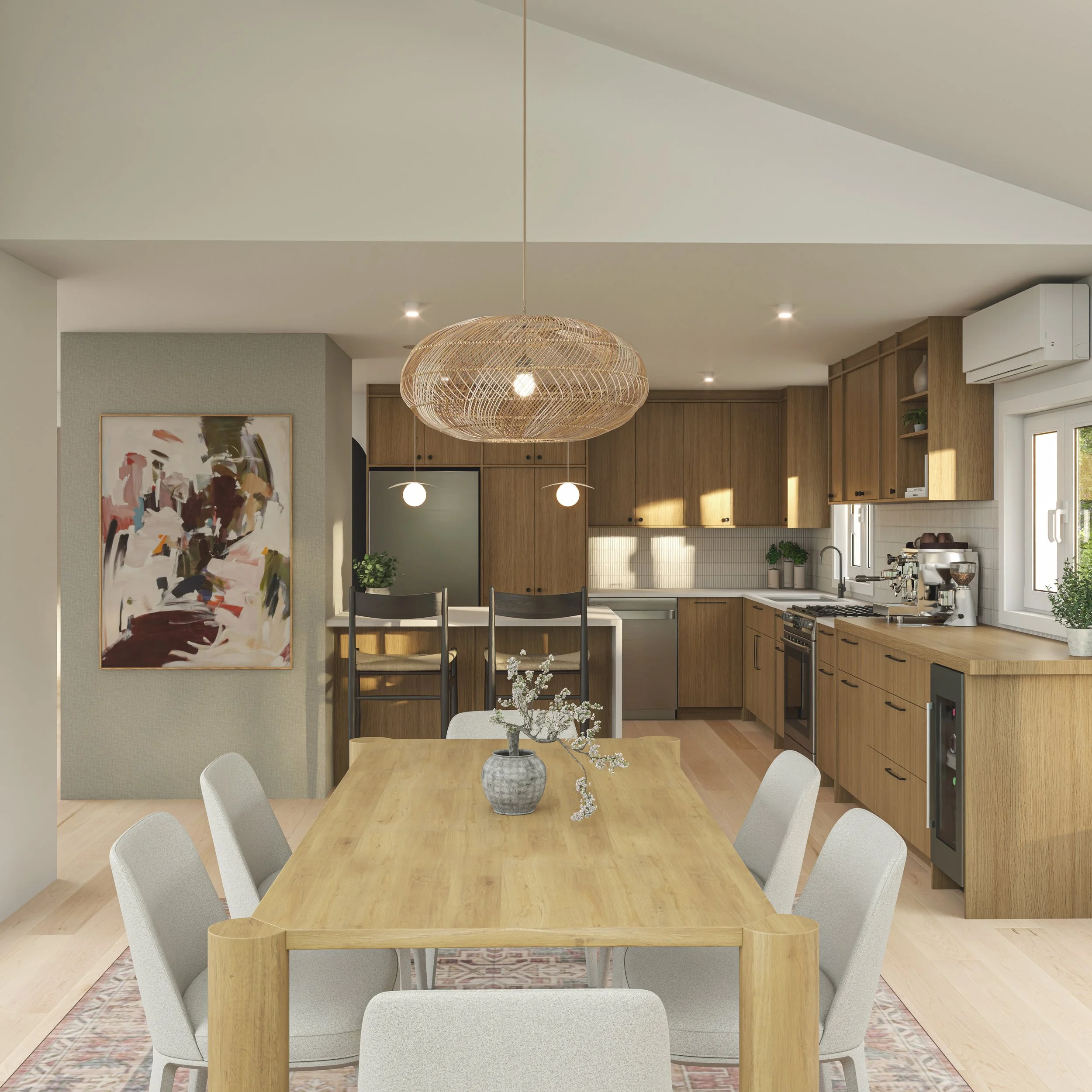 A modern kitchen and dining area with wooden cabinets, a dining table with six light-colored chairs, a centerpiece with flowers, a black abstract painting on the wall, and a large woven pendant light, with ample natural light coming through a window.