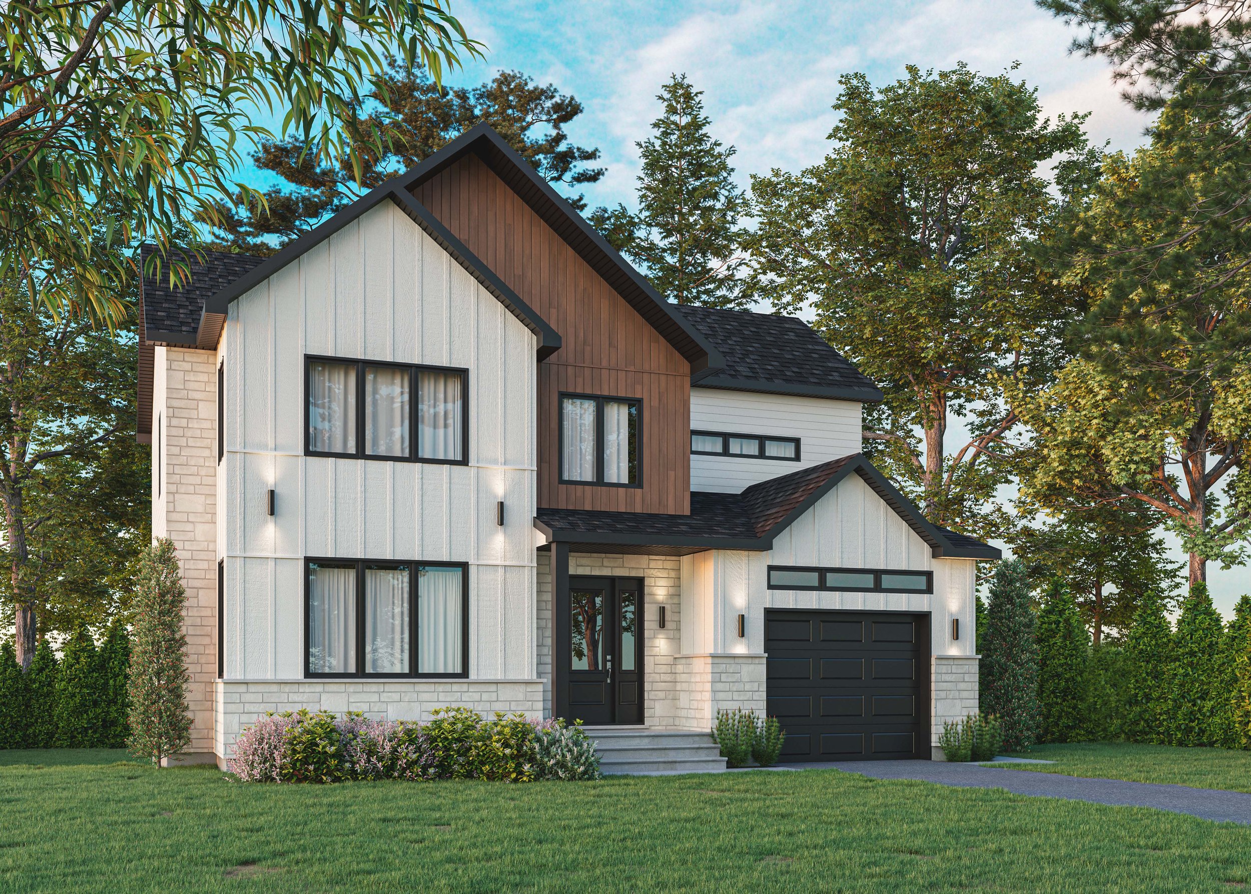 Modern two-story house with white, brown, and black exterior, front lawn, and surrounded by trees.