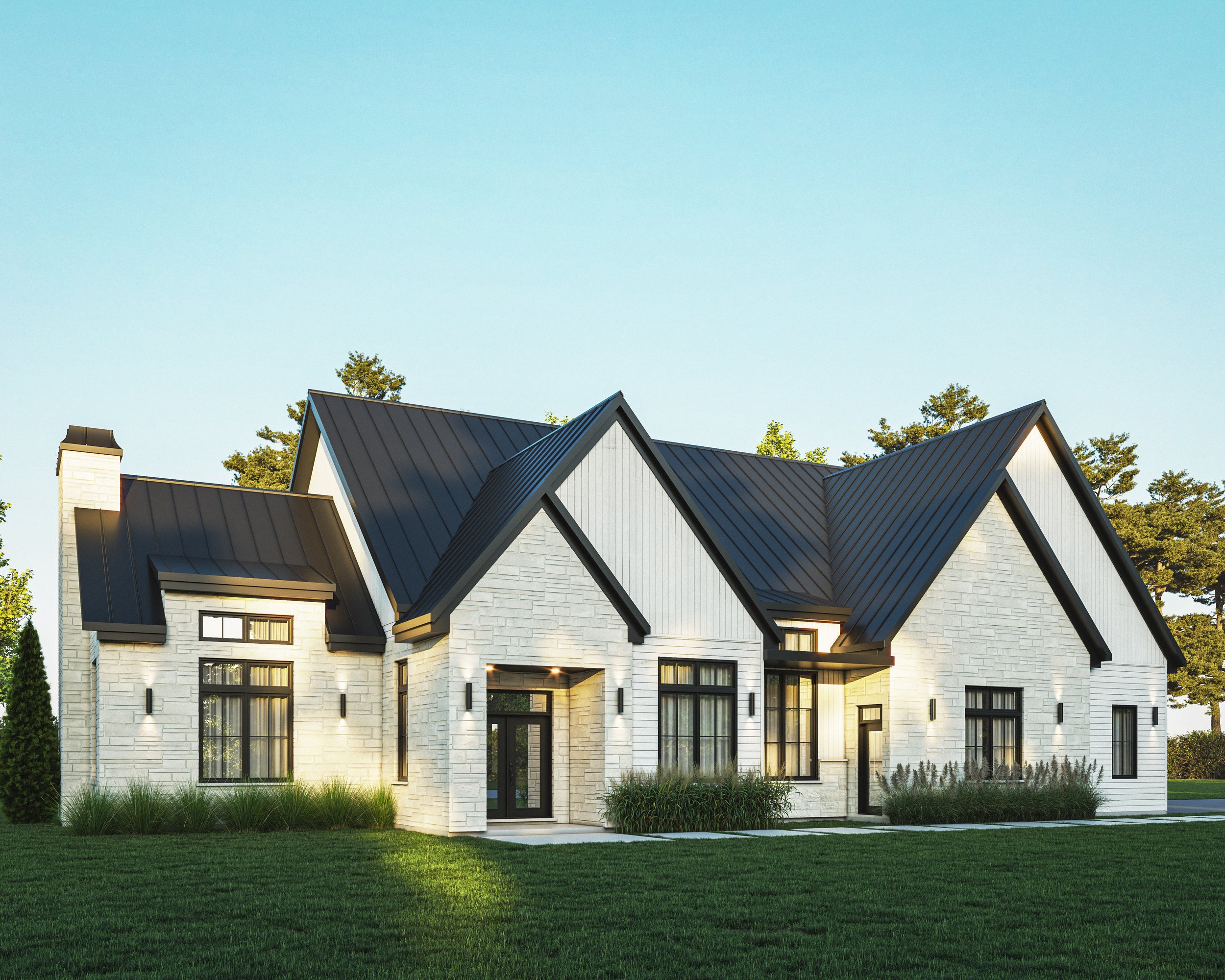 Modern white brick house with black metal roof, large windows, and landscaping with grass and shrubs, under a clear blue sky.
