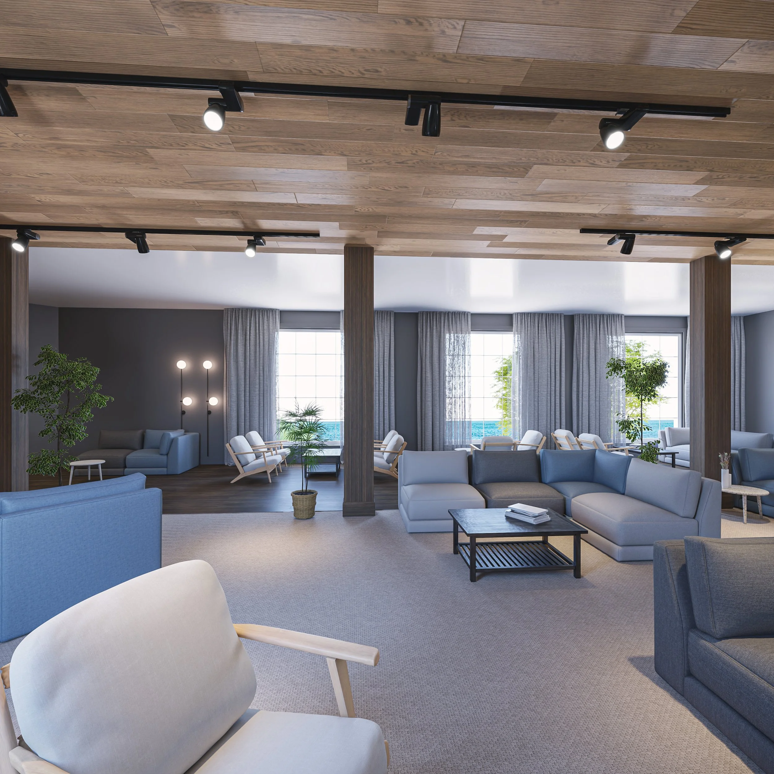 Interior of a modern lounge with large windows, gray curtains, green plants, and various sofas and chairs in neutral and blue tones.