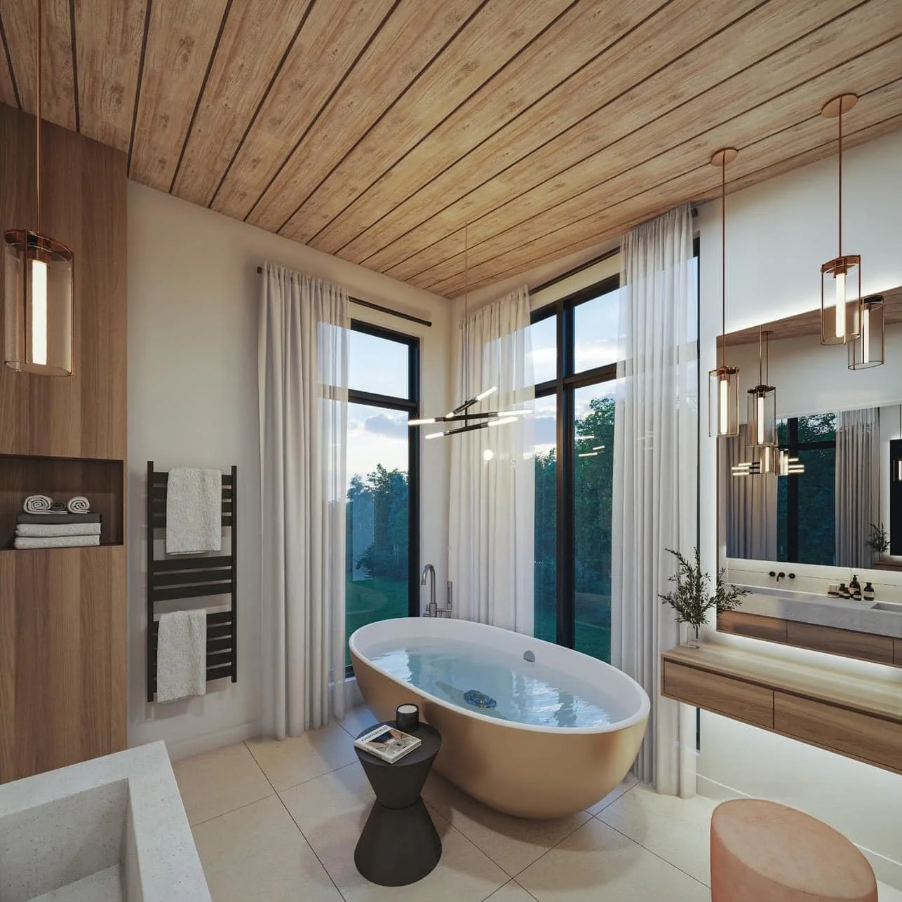 Modern bathroom with large windows, a white freestanding bathtub, wooden ceiling, pendant lights, a floating vanity with a mirror, and white curtains.