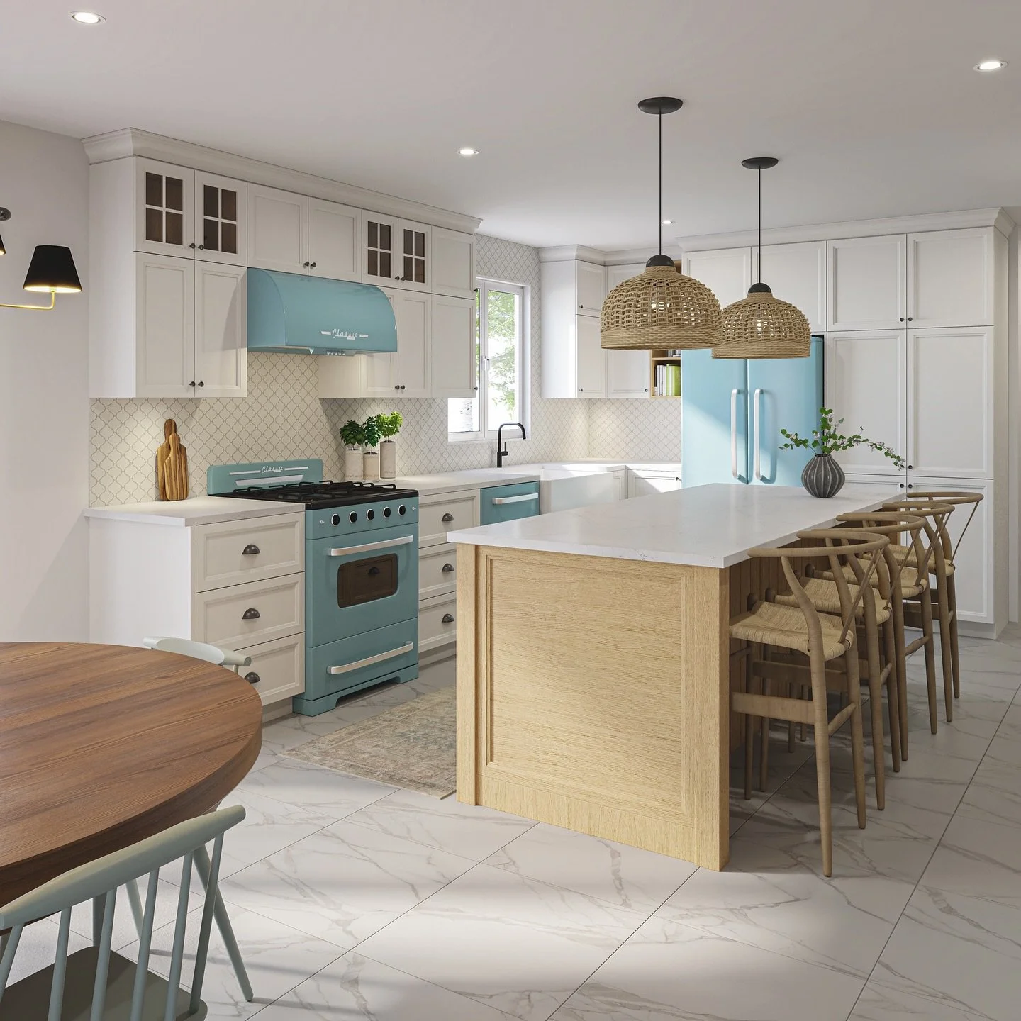 Modern kitchen with white cabinets, a blue stove and refrigerator, a white island with a wooden base, a round wooden dining table, and woven pendant lights.