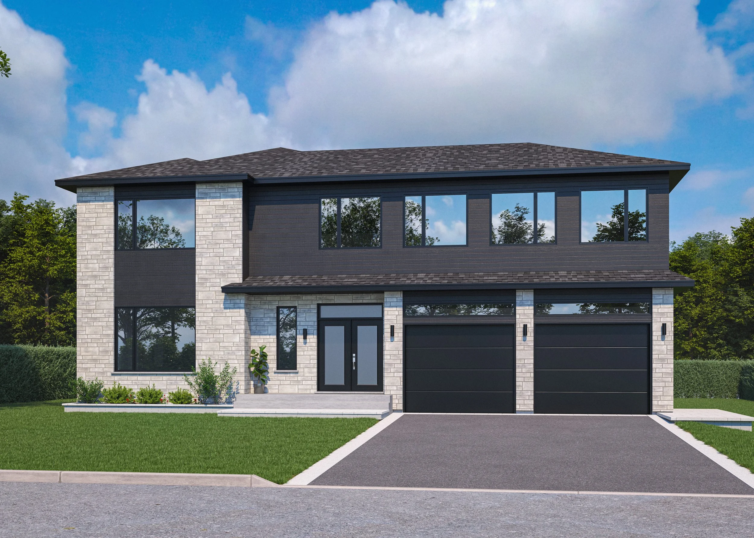 Modern two-story house with black exterior, large windows, a two-car garage, and a landscaped front yard.