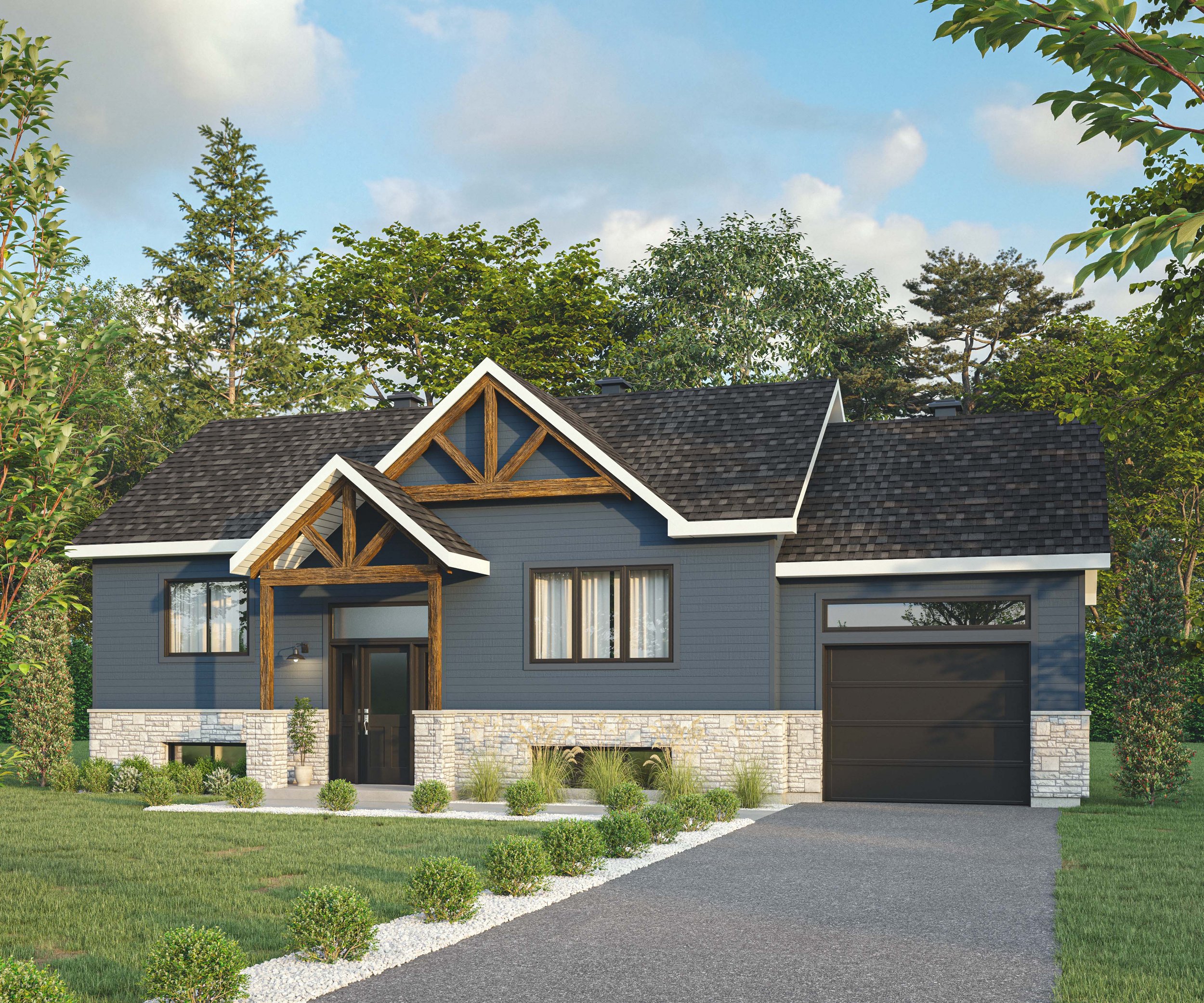 A modern two-story house with a dark blue exterior, stone accents, and a black garage door. The house features wooden trim and a small front porch, surrounded by a well-maintained lawn and garden with bushes and trees.