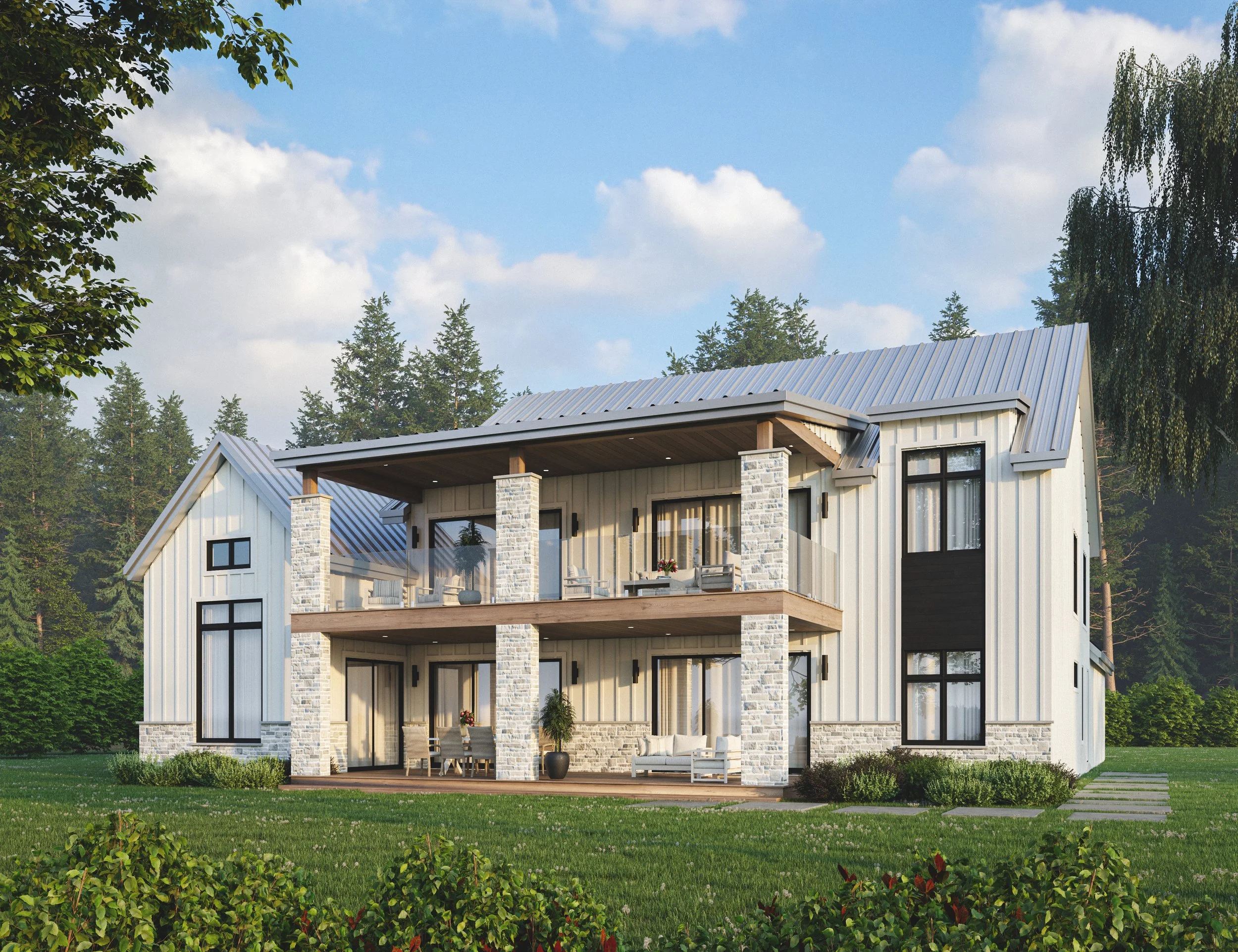 A modern two-story house with a white exterior, black window frames, and a gray metal roof, featuring a covered balcony and a spacious backyard with green grass and bushes, surrounded by tall trees in the background.