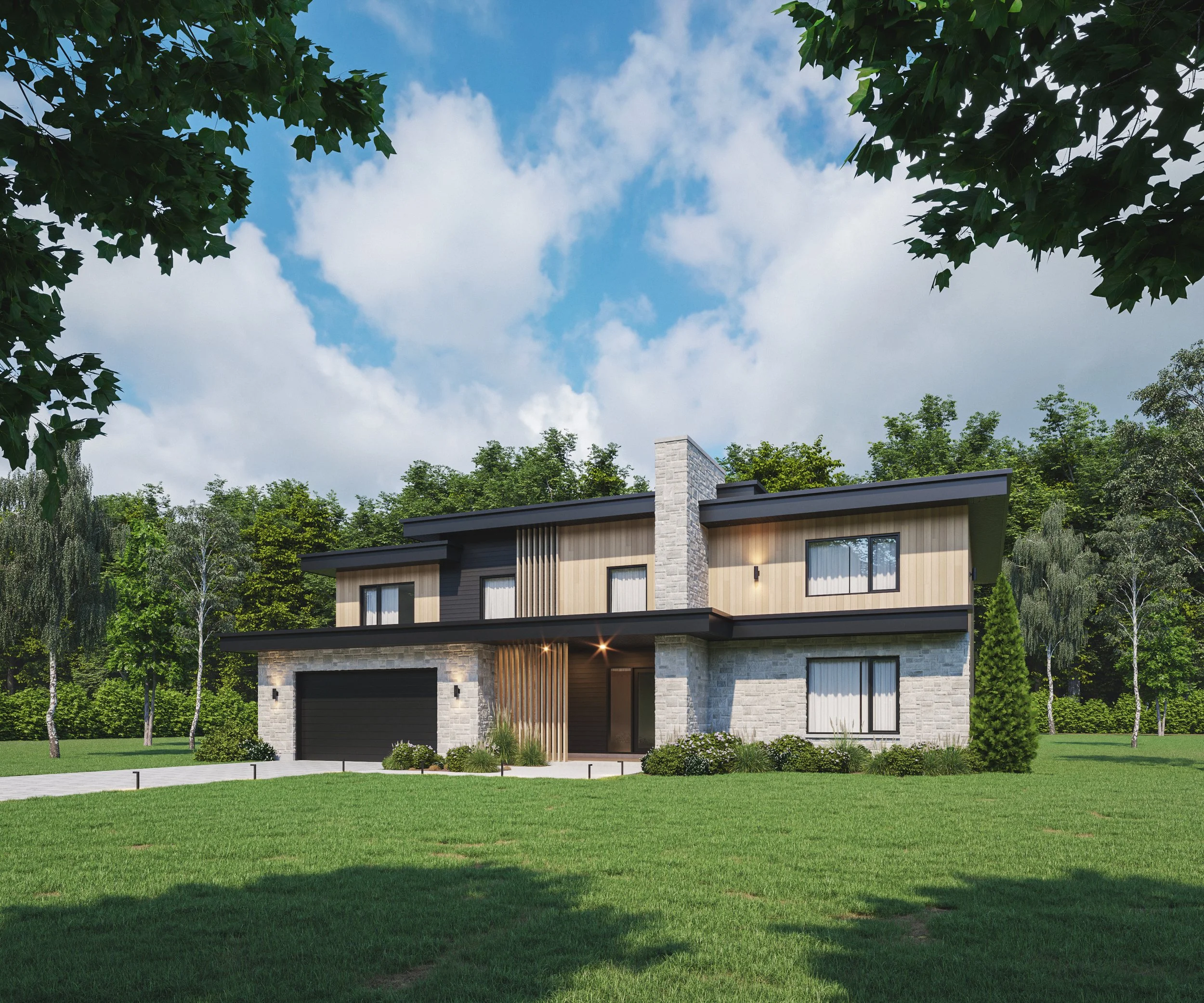 Modern two-story house with a stone and wood exterior, large windows, and a two-car garage, situated on a green lawn with trees and a partly cloudy sky in the background.