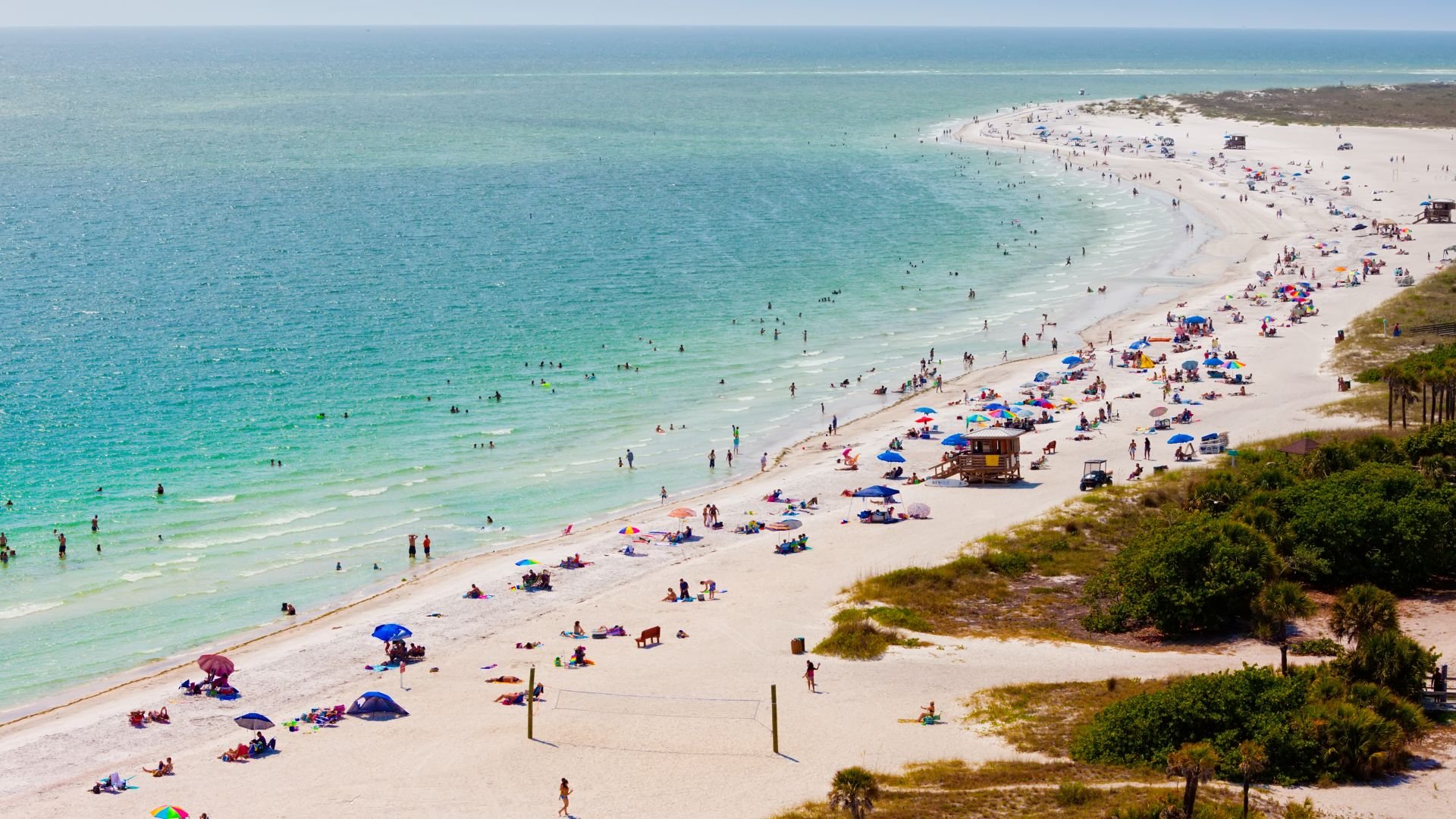 Beach scene with people swimming and relaxing under umbrellas along a shoreline with greenish-blue water, sandy beach, and some vegetation.