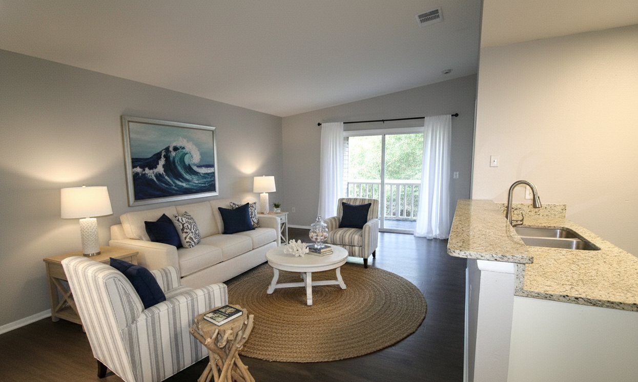Living room with white sofa, striped armchair, round coffee table, and paintings, with sliding glass door leading to balcony