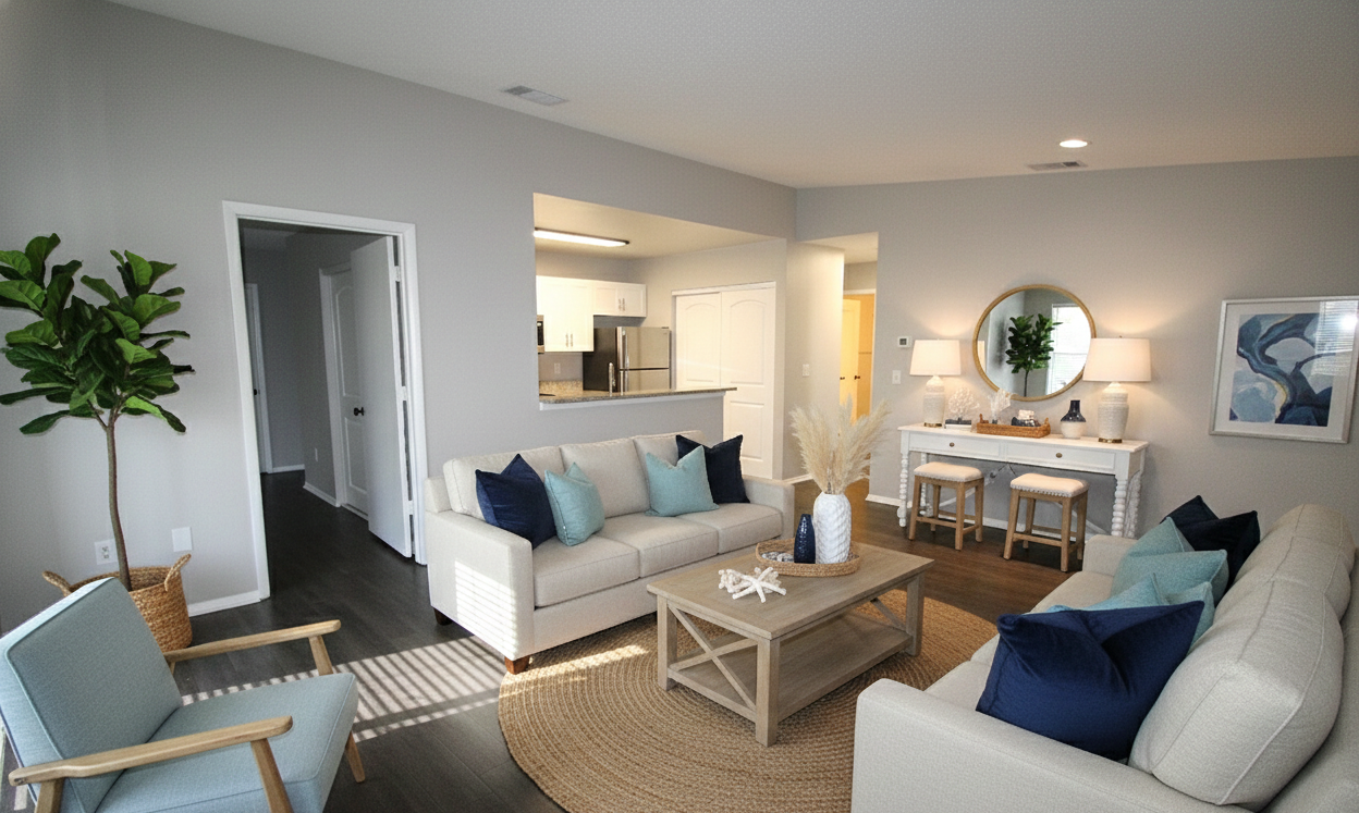 Bright living room with beige sofas, a wooden coffee table, and accents of navy blue and light blue pillows. There's a large potted plant in a basket, a white console table with lamps, a round mirror, and framed artwork on the wall. The room has an o