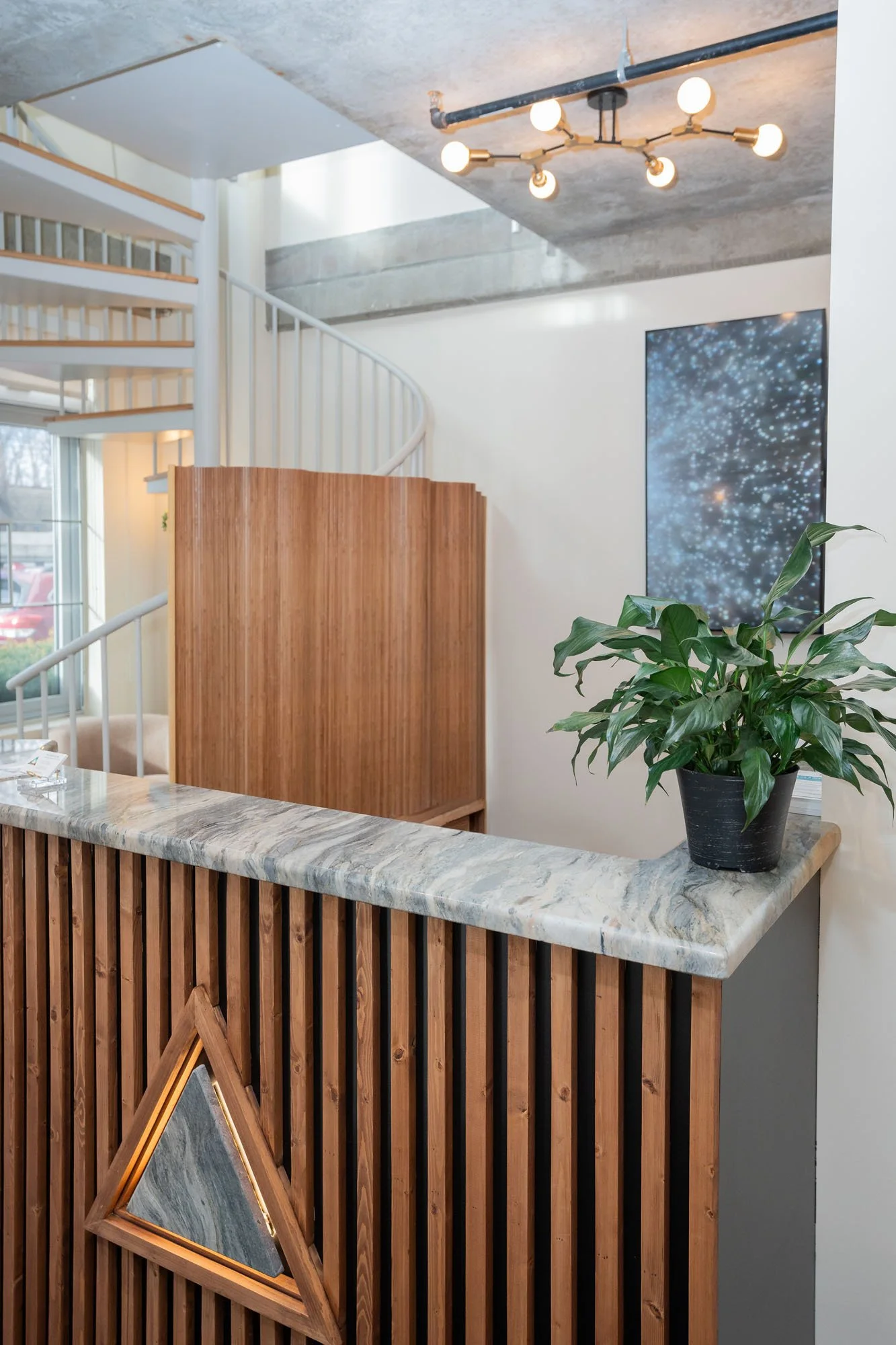 Modern reception area with a marble countertop, a potted green plant, a wooden decorative partition, and a wall-mounted digital display showing a starry sky image.