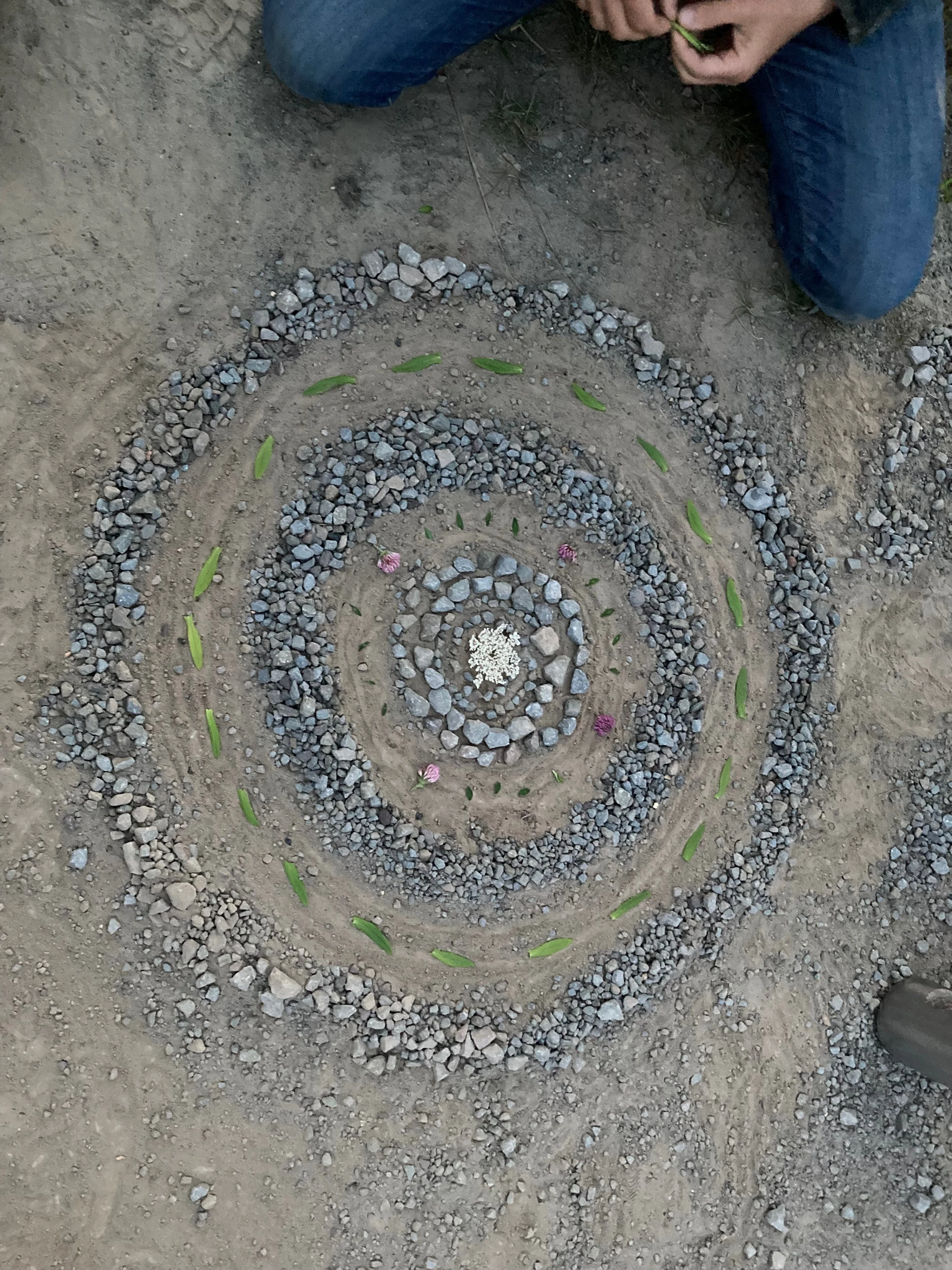 A spiral design on the ground made with small rocks, flowers, and green leaves, viewed from above. (Created by O.E. Zelmanovich. Zoe Zelmanovich. Zoe Mizuho)
