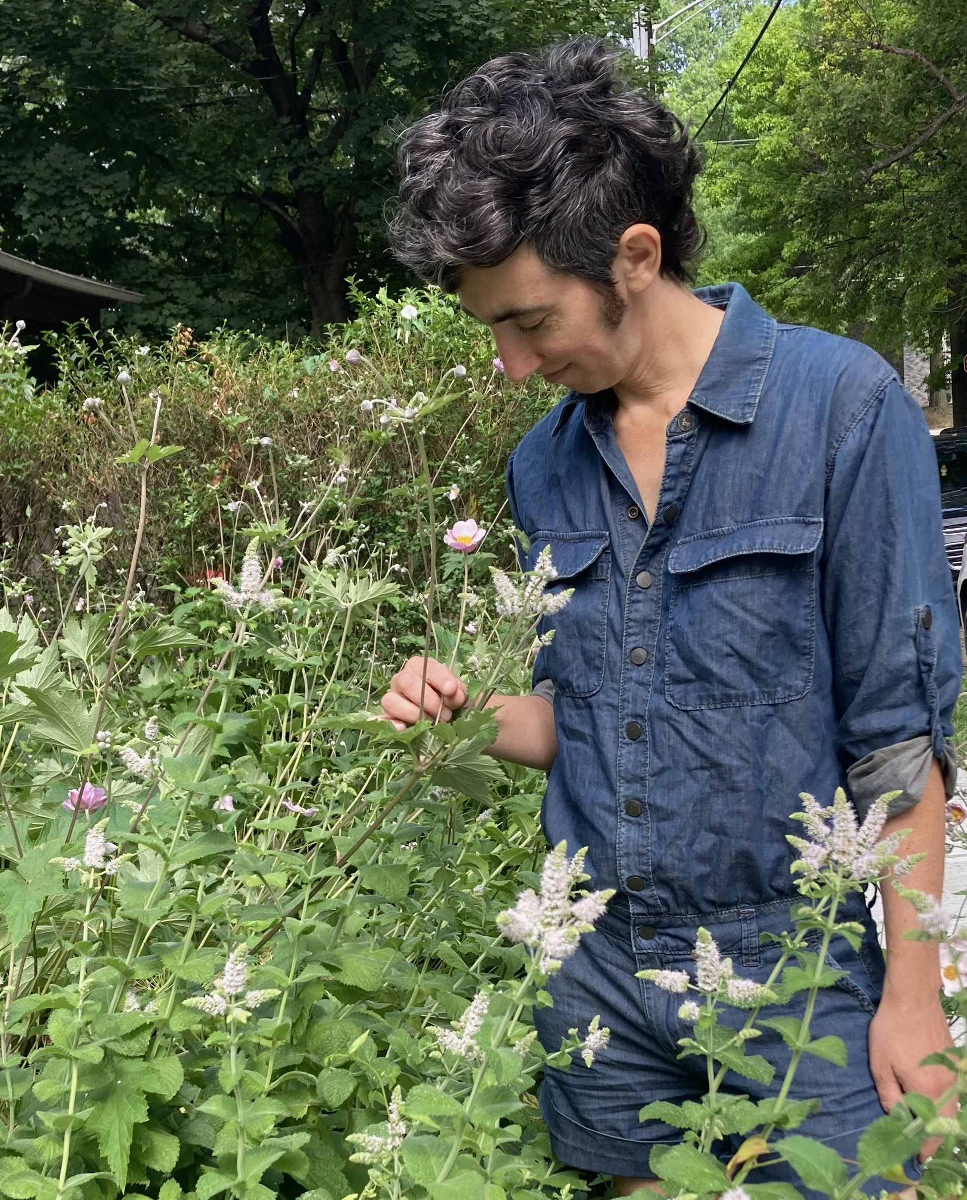 Woman with curly hair wearing a denim shirt and shorts, standing in a garden with green plants and flowers, looking down at the flowers.