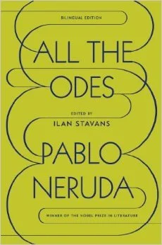 Cover of the book 'All the Odes' edited by Ilan Stavans, with a bright yellow background and black text, featuring a black swirling line design.