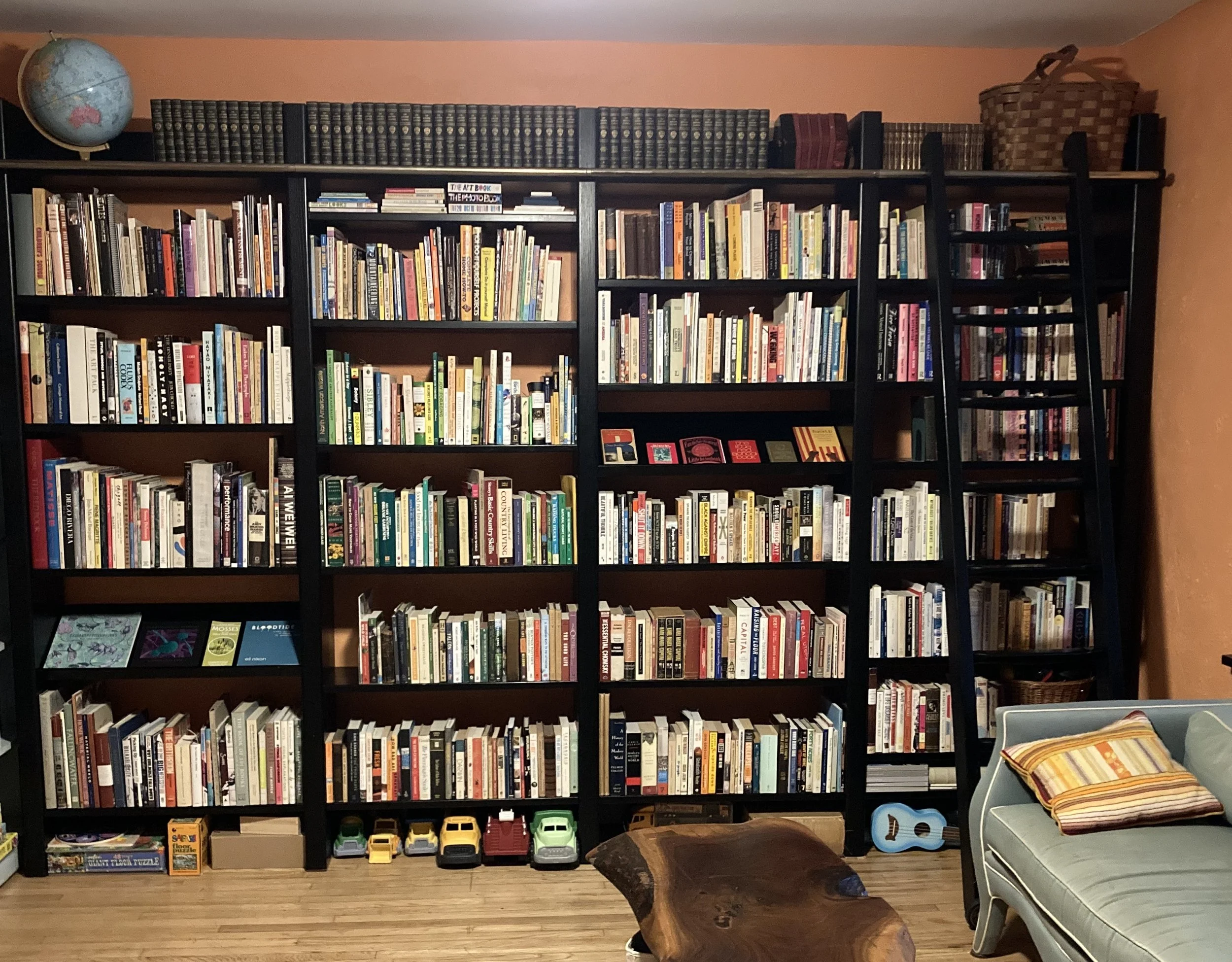 Living room with black bookshelf filled with books, a globe on the top left, a wicker basket on top right, and several toy cars at the bottom  (Designed by O.E. Zelmanovich. Zoe Zelmanovich. Zoe Mizuho)