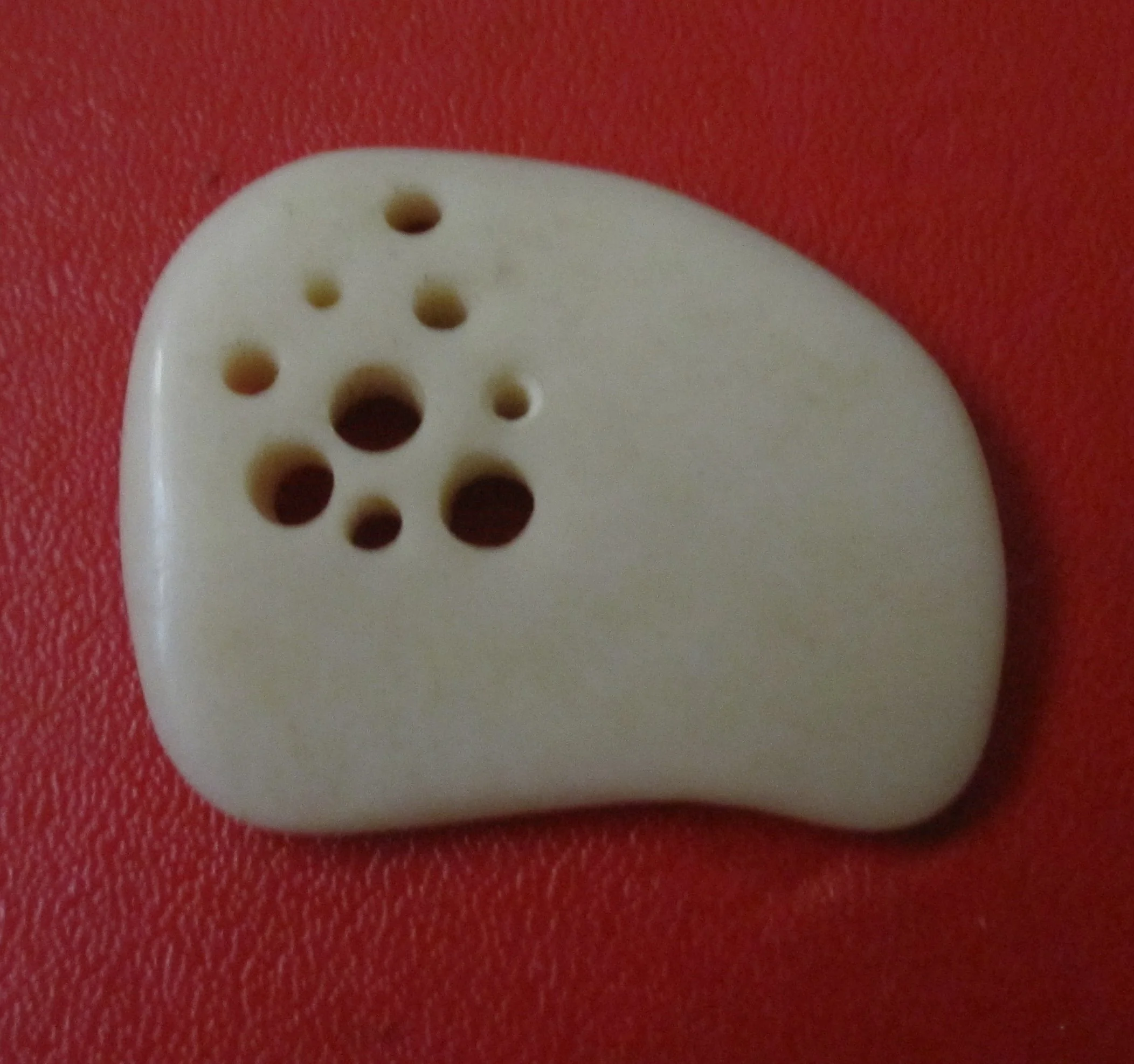 Bone carving  with multiple holes of different sizes on a red surface. (Created by O.E. Zelmanovich. Zoe Zelmanovich. Zoe Mizuho)