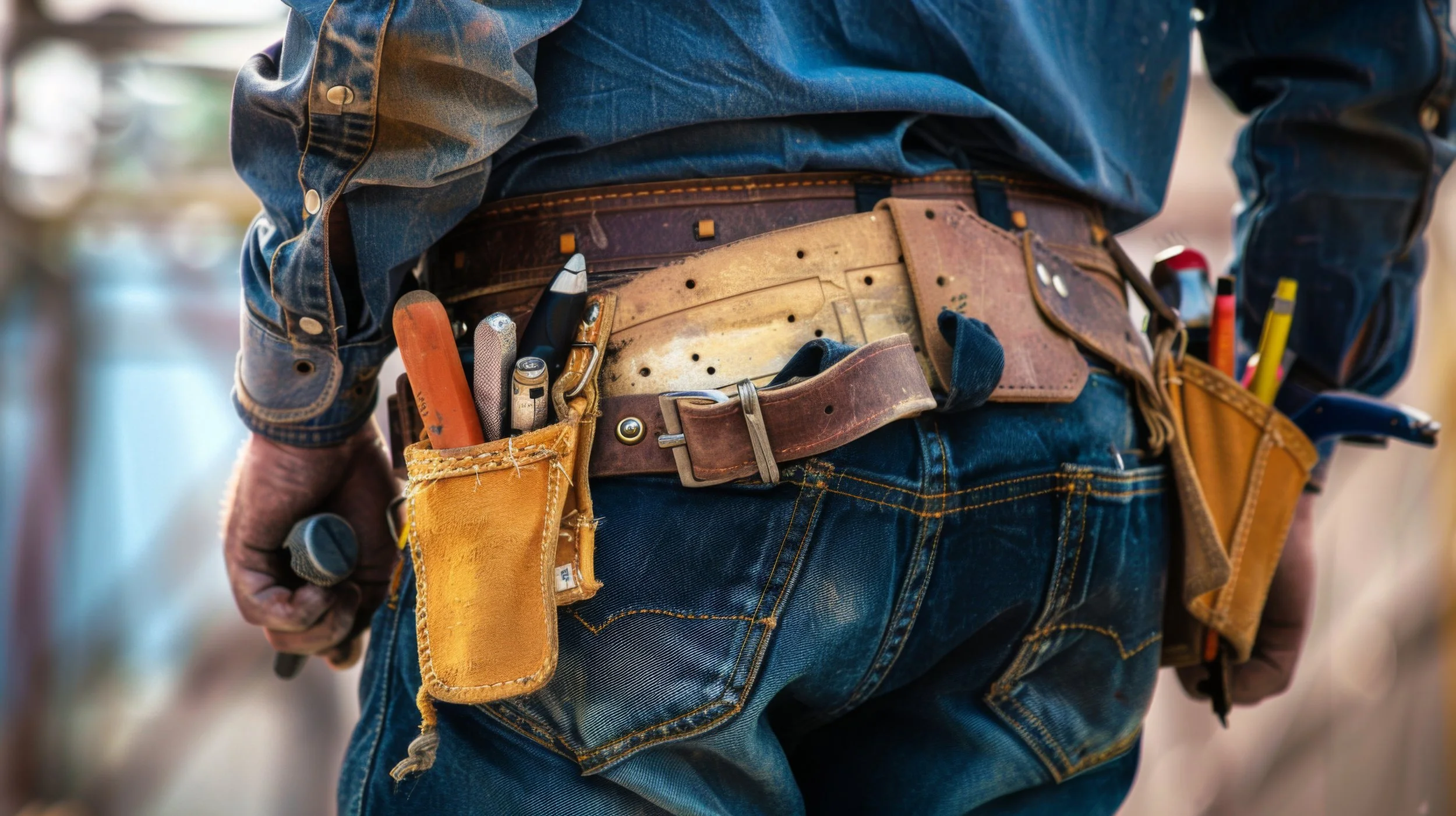 Close-up of a worker's waist showing a yellow tool belt with various tools, wearing blue jeans and a denim shirt.