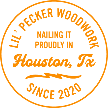 Circular logo for Lil' Pecker Woodwork, highlighting Nailing it proudly in Houston, TX since 2020, with orange text on a black background and a lightning bolt graphic.