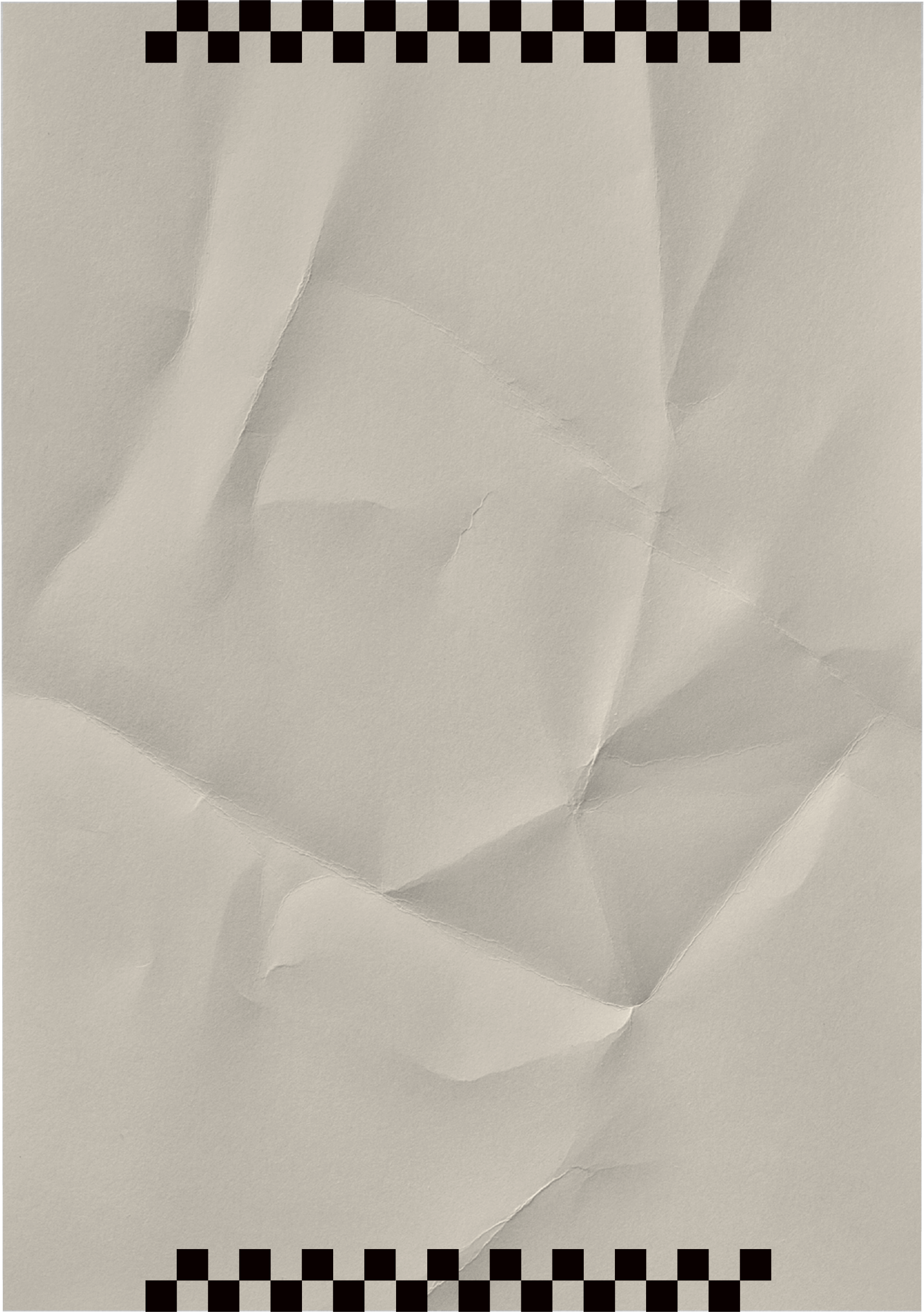 Close-up of crumpled beige paper with a black checkered border at the top and bottom.