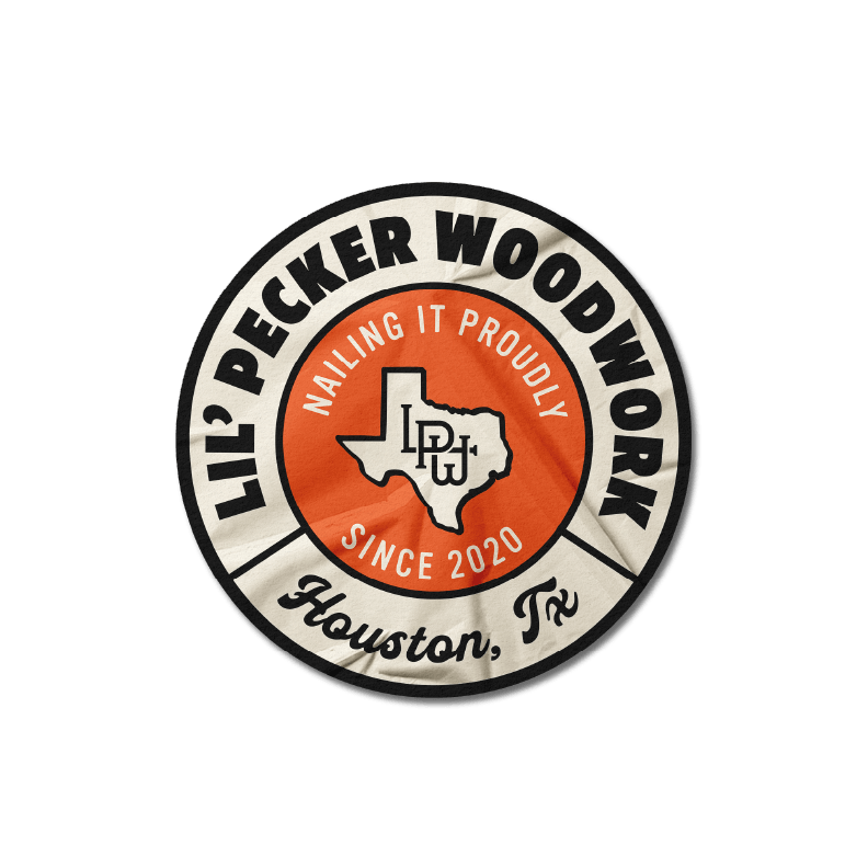 Logo for Lil' Packer Woodwork, a Houston-based woodworking business established in 2020, featuring a Texas map with initials LPW and the slogan 'Nailing It Proudly' on a circular badge.