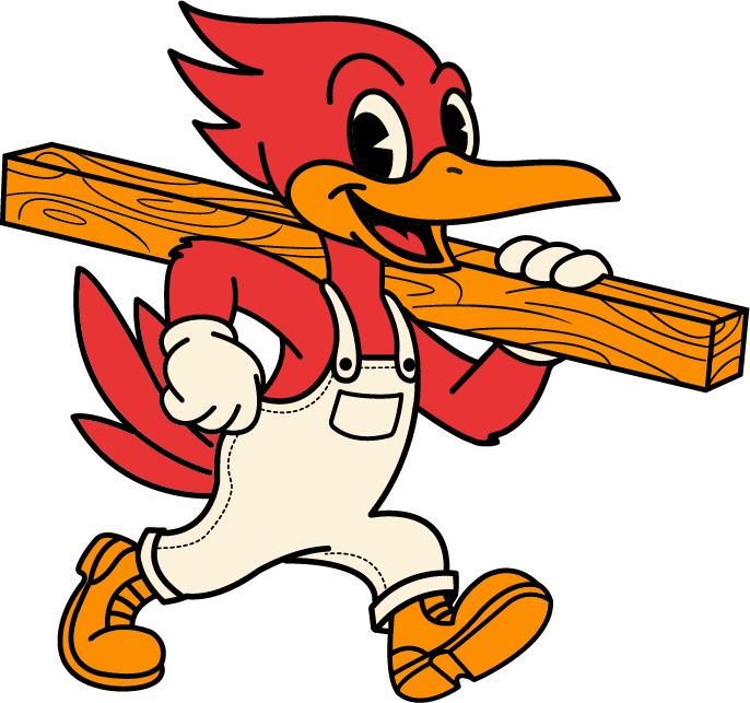 Animated red bird with a yellow beak carrying a wooden plank over its shoulder, wearing white overalls and orange shoes.
