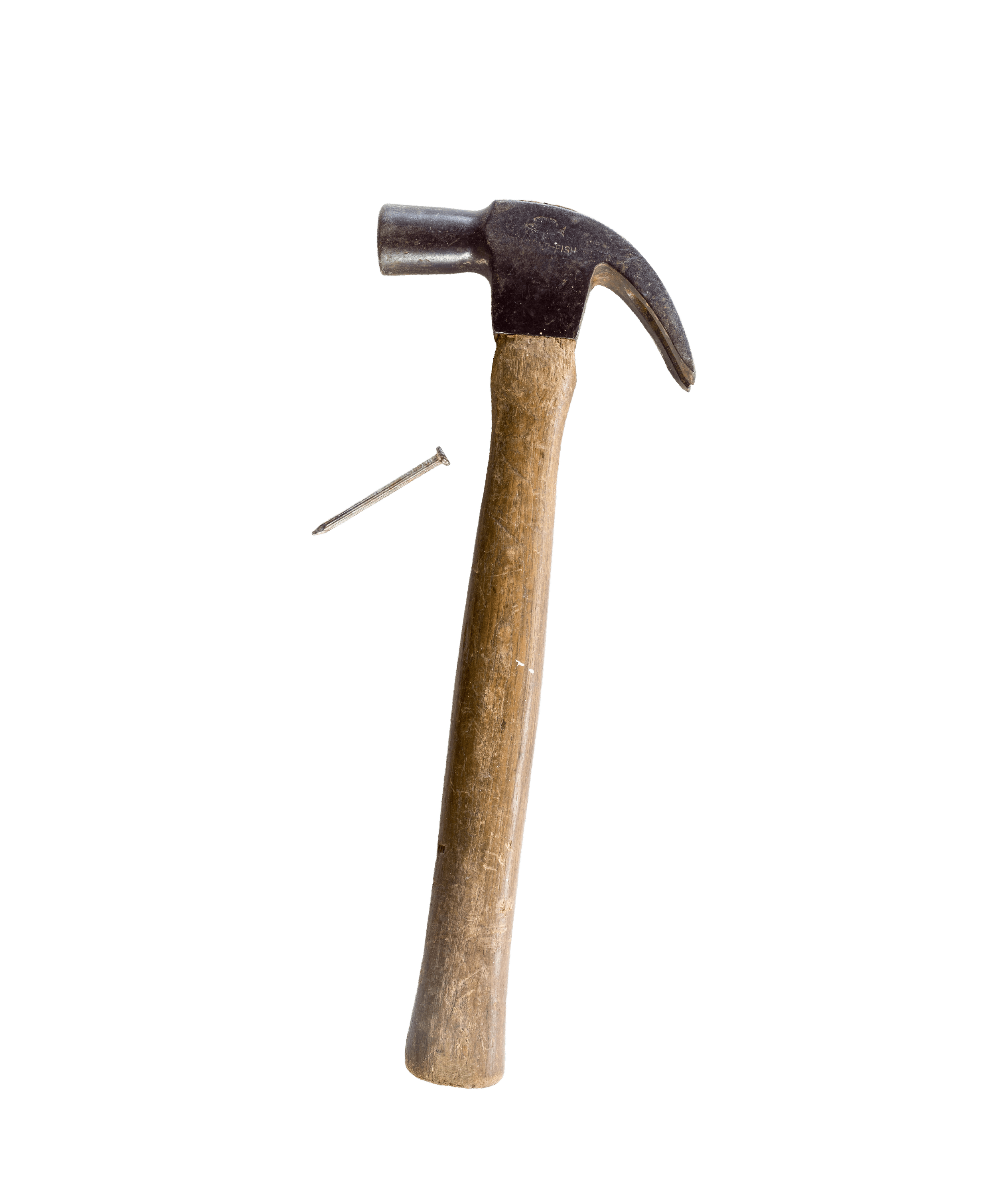 A hammer with a wooden handle and metal head, accompanied by a small nail.
