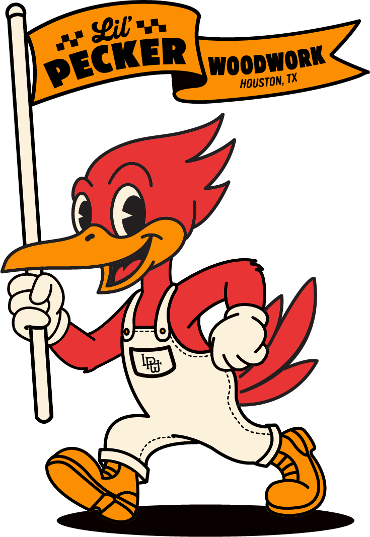 An animated woodpecker character holding a flag that says 'Lil Pecker Woodwork Houston, TX', wearing overalls and boots, with a cheerful expression.