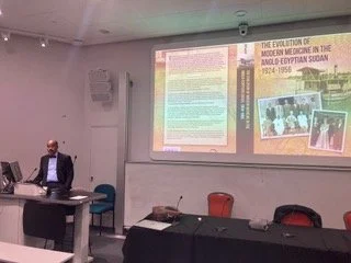 Dr Tarik Elhadd delivering his presentation at the launch of his book 'The Evolution of Modern Medicine in the Anglo-Egyptian Sudan 1924-1956'