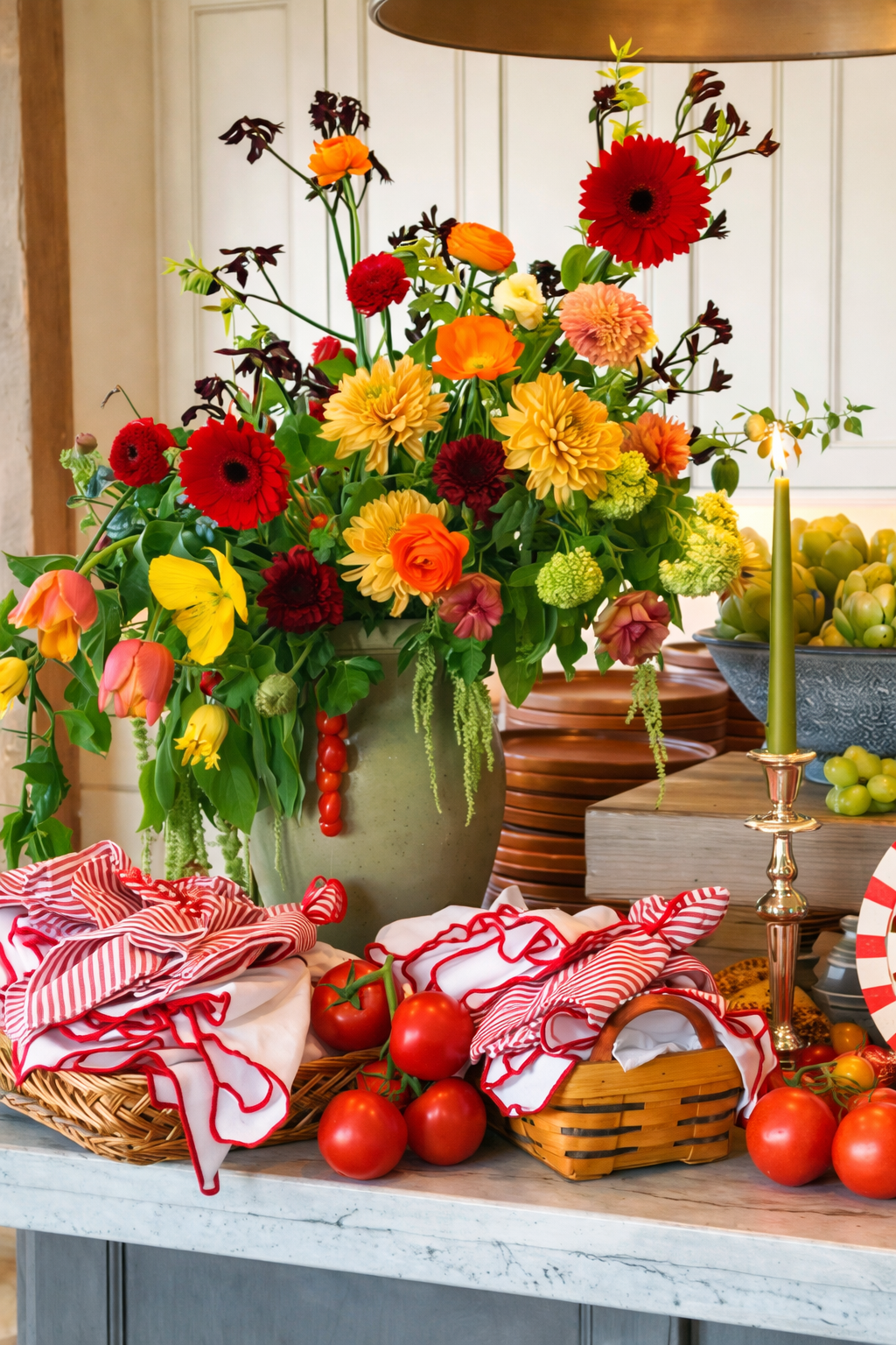 A colorful bouquet of flowers in a vase on a table, surrounded by tomatoes, striped cloths, a candlestick, and bowls of fruit, with a kitchen interior in the background.