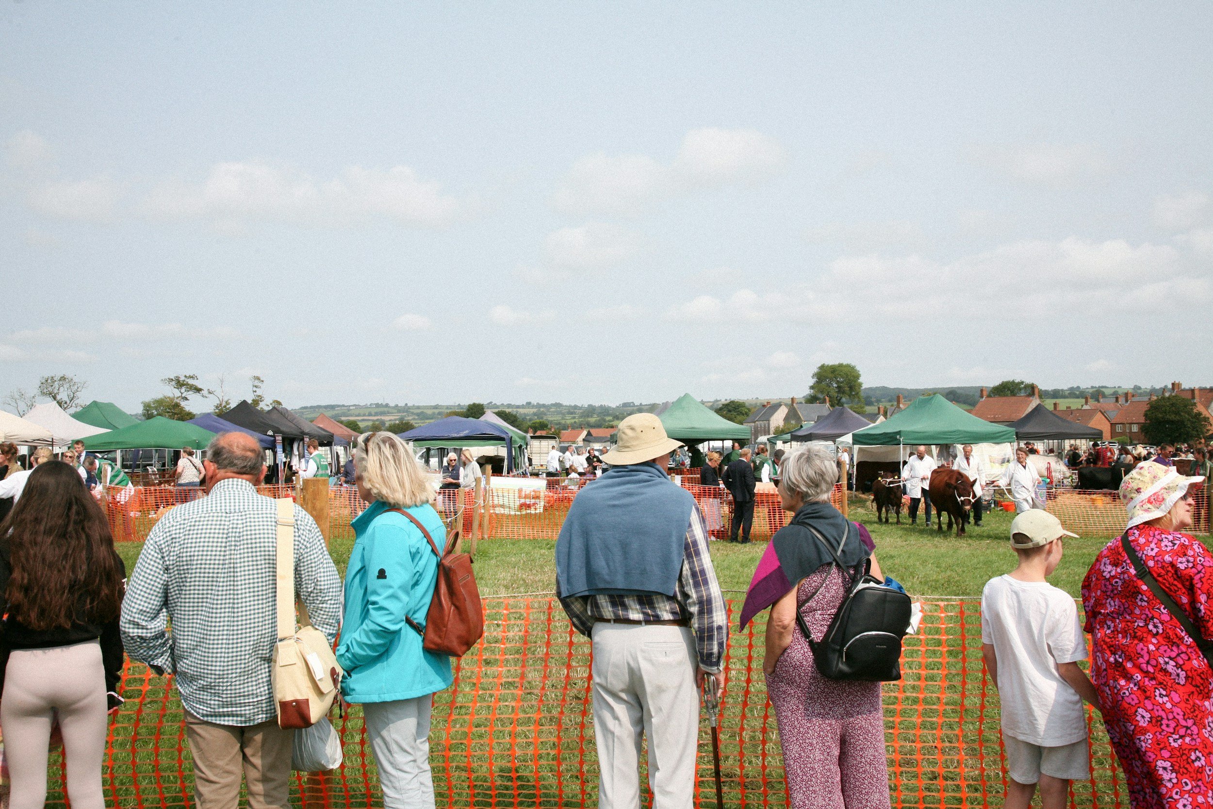 People attending an outdoor livestock exhibition behind an orange plastic fence, with tents and animals visible in the background, and a partly cloudy sky above.