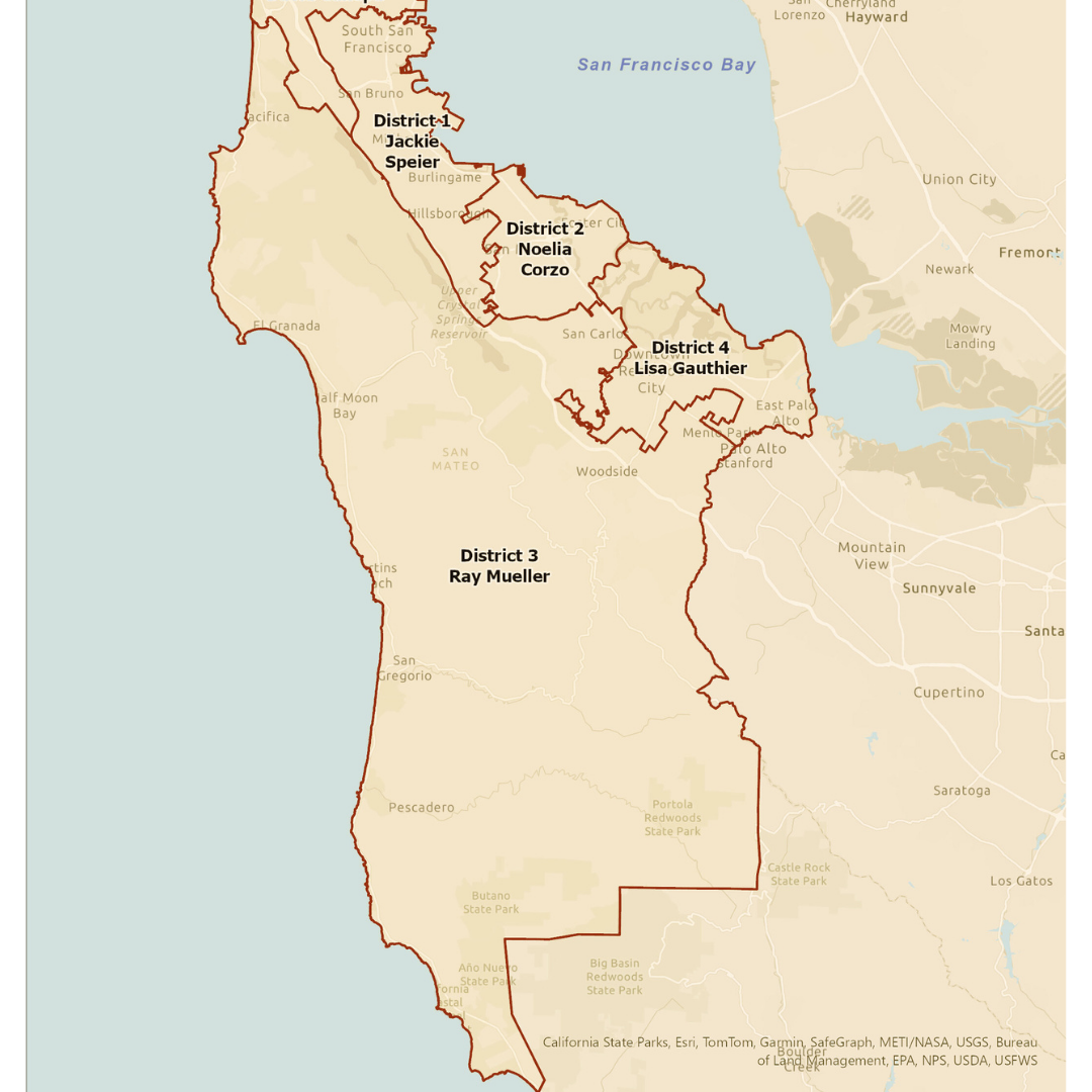 Map of San Francisco's city districts, including District 1 (Jackie Speier), District 2 (Noelia Corzo), District 3 (Ray Mueller), District 4 (Lisa Gauthier).