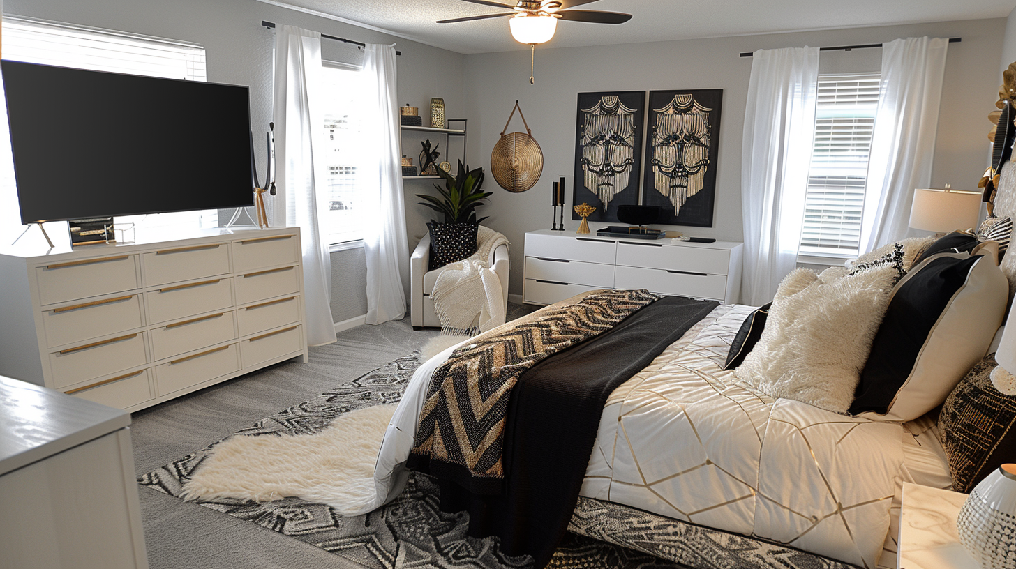 Contemporary bedroom refresh with black artwork, gold accents, and cozy layered textiles in Knoxville.