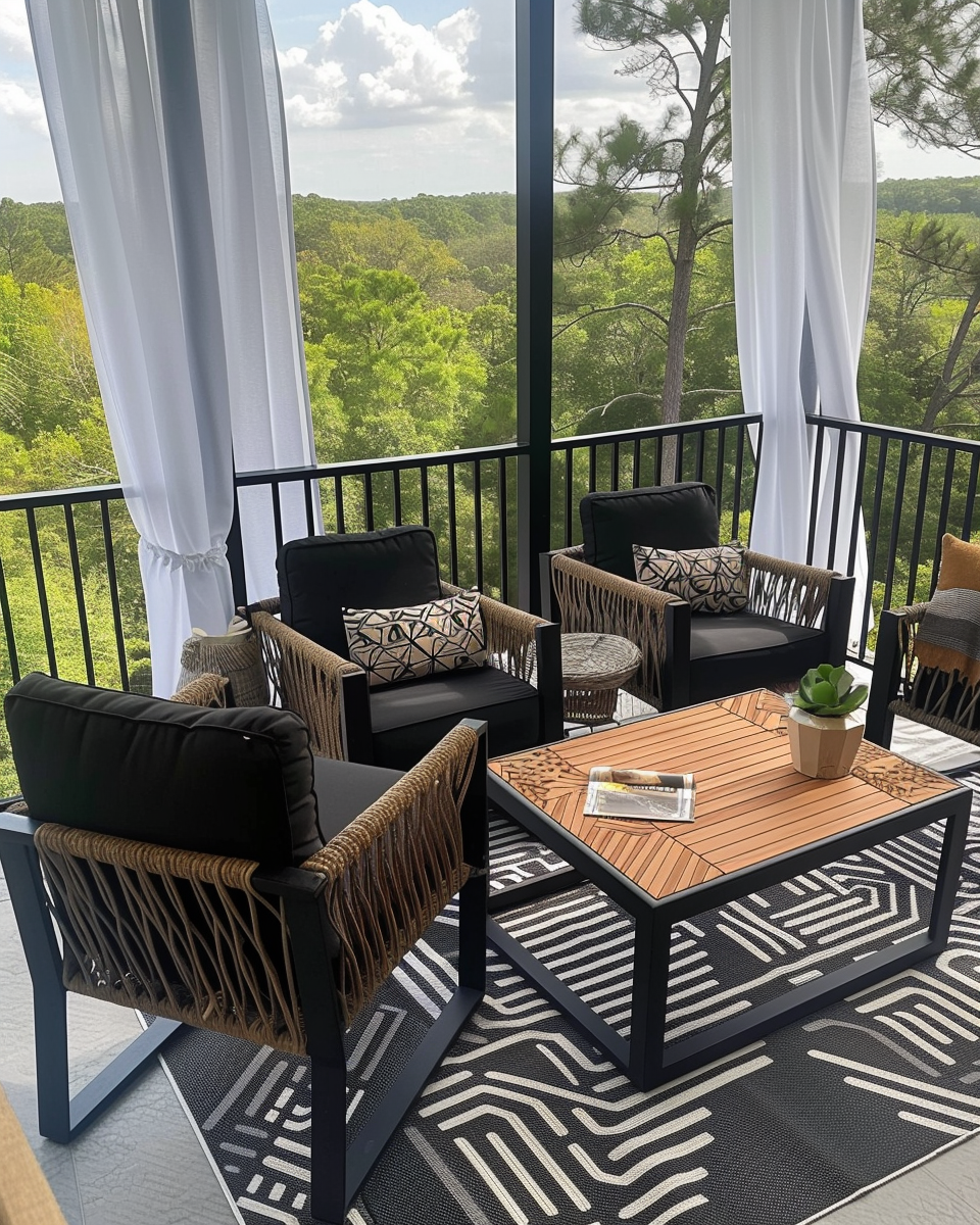 Balcony with black metal railings overlooking green trees, covered with white curtains, furnished with black chairs with cushions, a wooden coffee table, and a black and white patterned rug in Maryville.