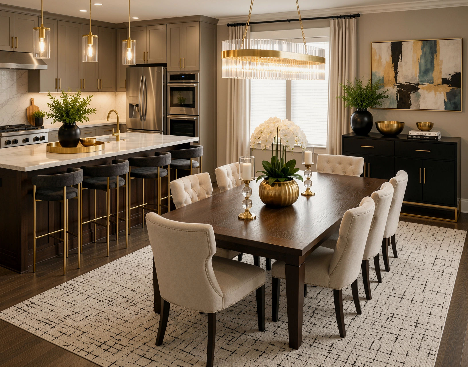 DINING AND KITCHEN   A crystal fixture claims the table, and brass pendants carry the line into the kitchen.