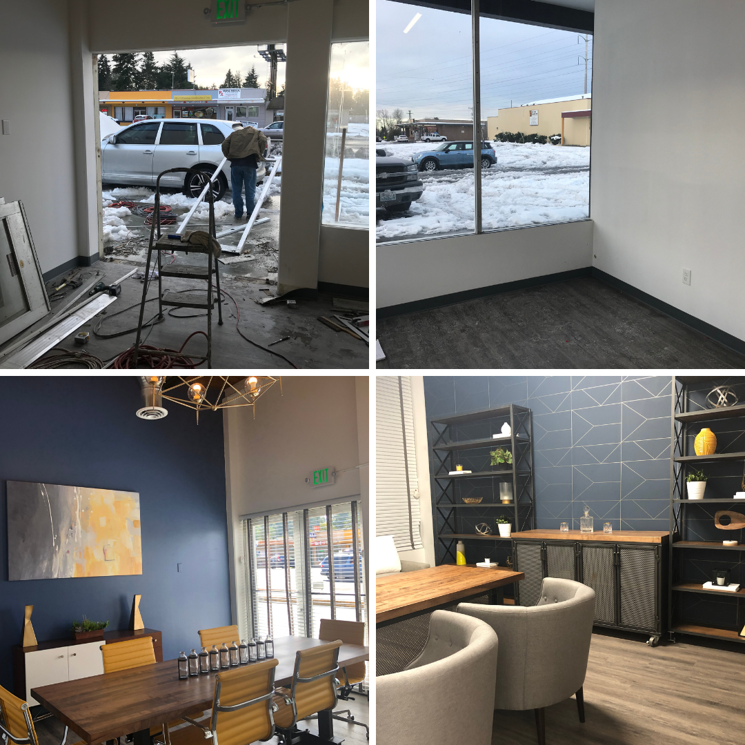 Top left: Worker installing a glass door frame outside, snowy weather visible through the large front window. Top right: Empty office space with large window looking outside at snow-covered parking lot. Bottom left: Modern conference room with wooden table, yellow chairs, and blue accent wall with artwork. Bottom right: meeting area with plush chairs, shelves with decor, and a blue geometric accent wall