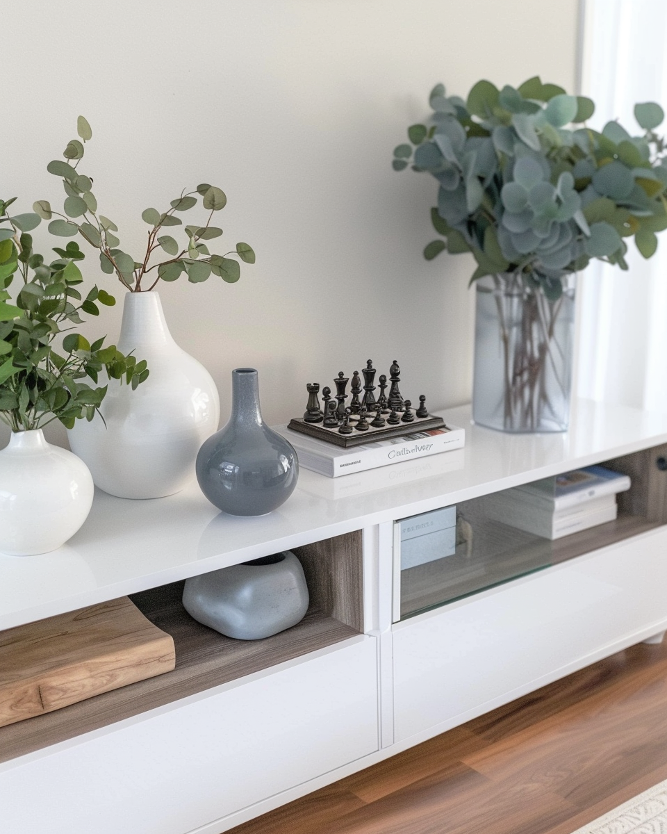 Modern white media console with decorative vases and a chess set, topped with green eucalyptus and other foliage, in a bright room in Knoxville.