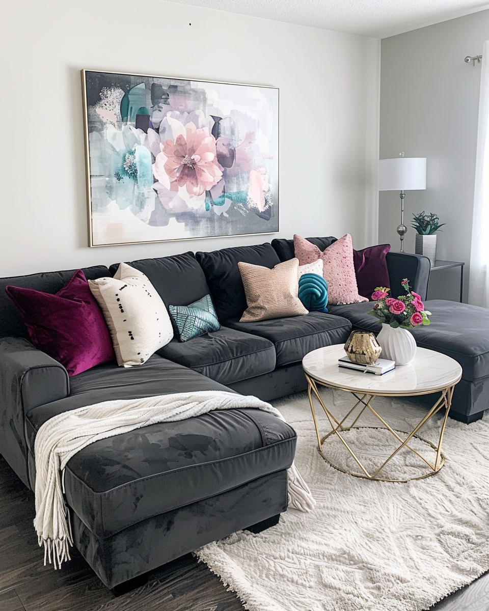 A contemporary living room with a dark gray sectional sofa decorated with multicolored pillows, a white round coffee table with gold legs  and a large abstract floral painting on the wall in Knoxville.