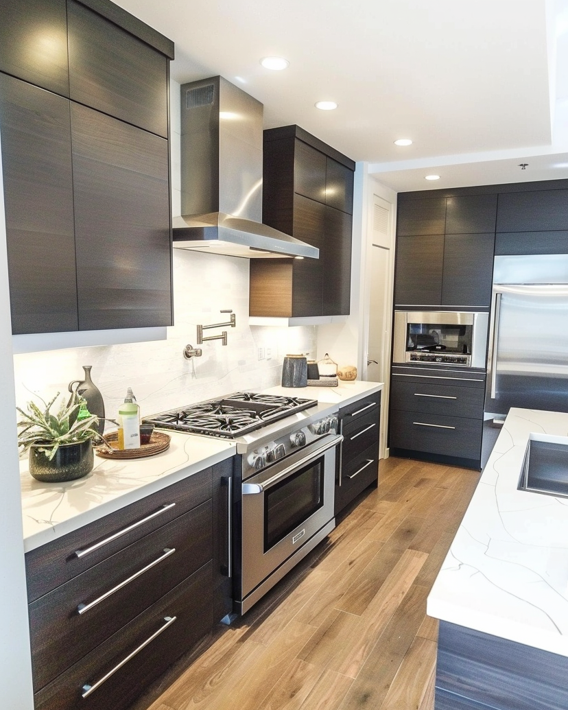 Modern kitchen with dark wood cabinets, stainless steel appliances, white marble countertops, and wooden flooring.