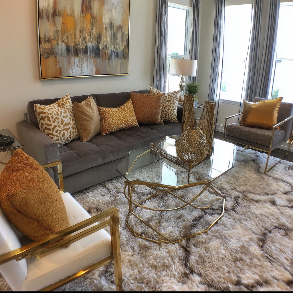 Living room featuring a gray sofa with multiple animal print and solid gold throw pillows, a glass coffee table with gold accents holding decorative gold vases, a plush shaggy rug, a white armchair with a gold frame, and gold pillows in Knoxville.