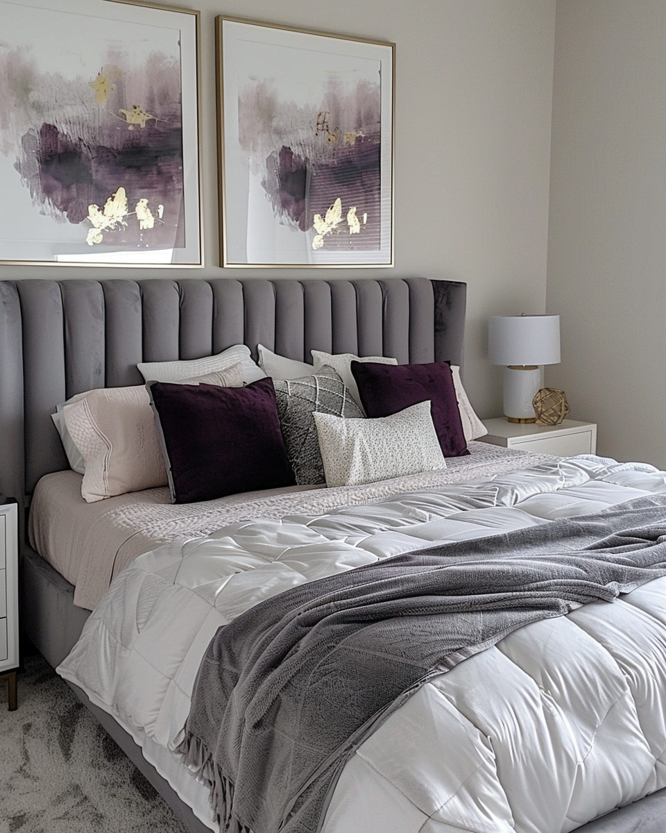 Tufted gray headboard, multiple decorative pillows in shades of white, gray, and dark purple, a white bedspread, and a gray throw blanket. Two framed abstract paintings with purple and gold accents hanging above the bed in Knoxville.