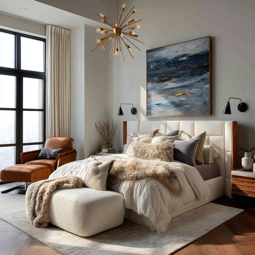 Contemporary bedroom refresh with black artwork, gold accents, and cozy layered textiles in Knoxville.