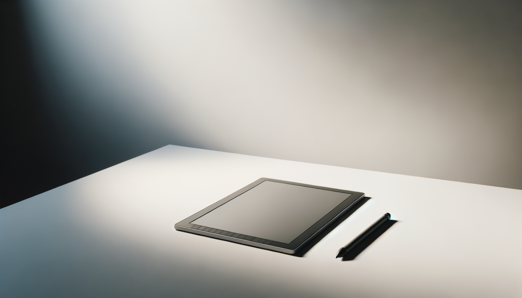 A tablet and stylus pen on a white table in a well-lit, minimalistic setting.