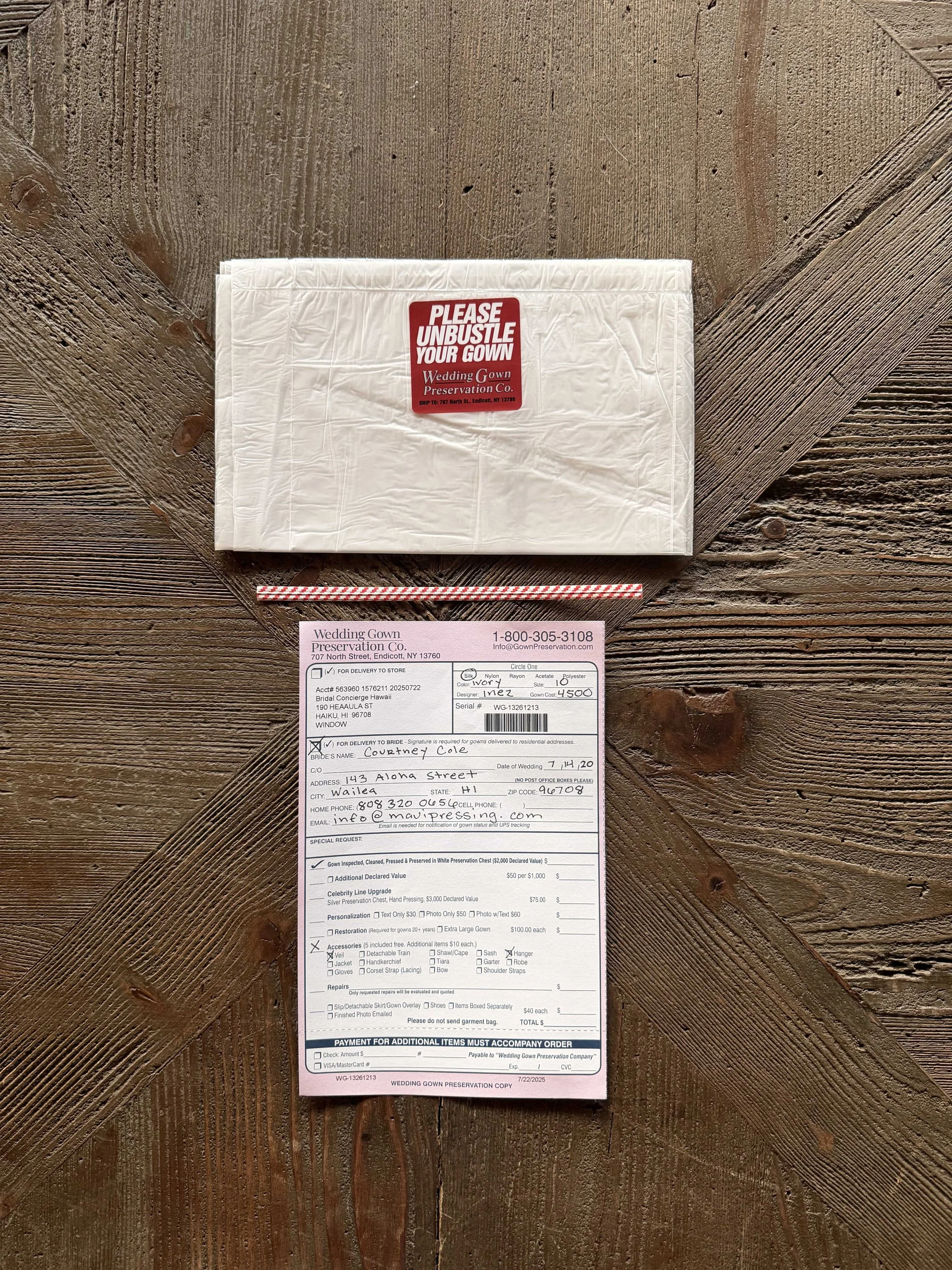 Step 3 - Locate the plastic dress bag, twist tie and info sheet that stays with your dress.  Make sure all info on sheet is correct.  If you need to add or change things, please text us so we can make notes for your dress.  