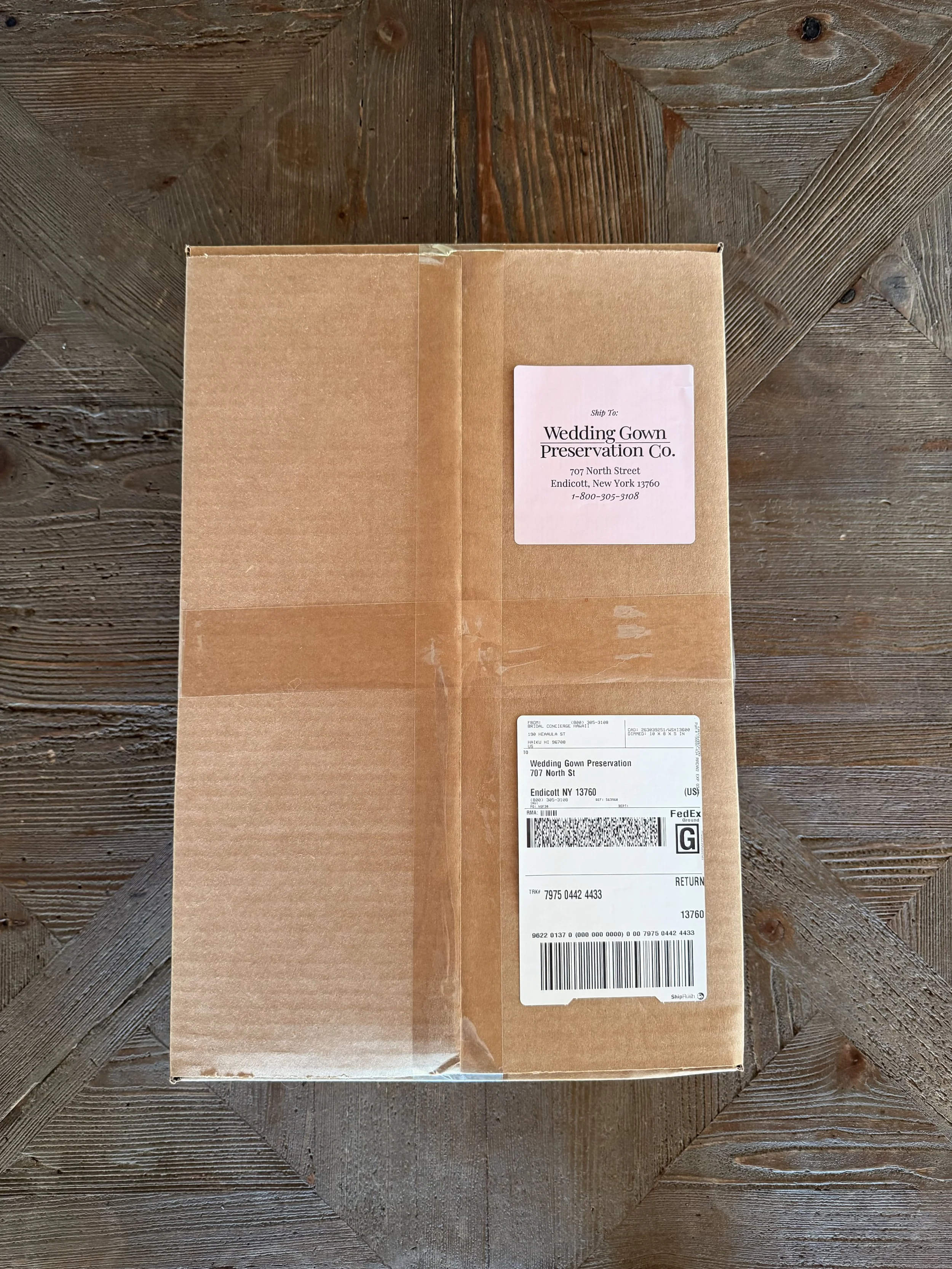 Step 6 - Affix prepaid label and pink return label to sealed box.  Drop off at your nearest FedEx location.  