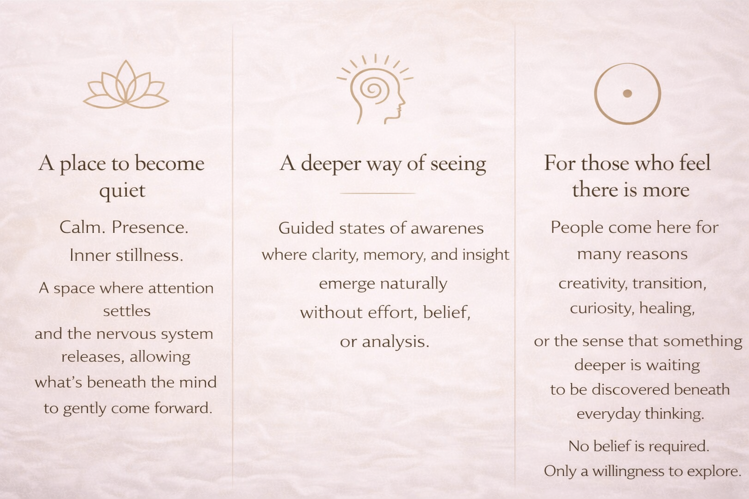 Three columns of text on a light pink background with minimal illustrations at the top of each column. The first column has a lotus flower icon and describes a quiet, calm space for inner stillness. The second column has a human head with a spiral and rays and discusses seeing the world in a deeper way through clarity, memory, and insight. The third column has a circle with a dot and talks about a space for those seeking more, for creativity, transition, curiosity, healing, and exploration without needing belief.