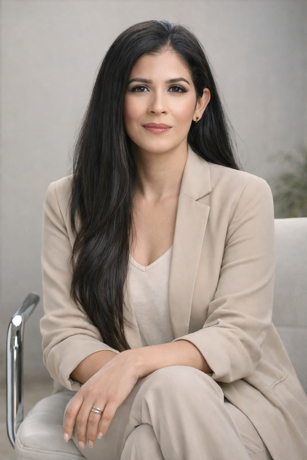 A woman with long dark hair, wearing a beige blazer and matching pants, sitting with her hands crossed, smiling softly.