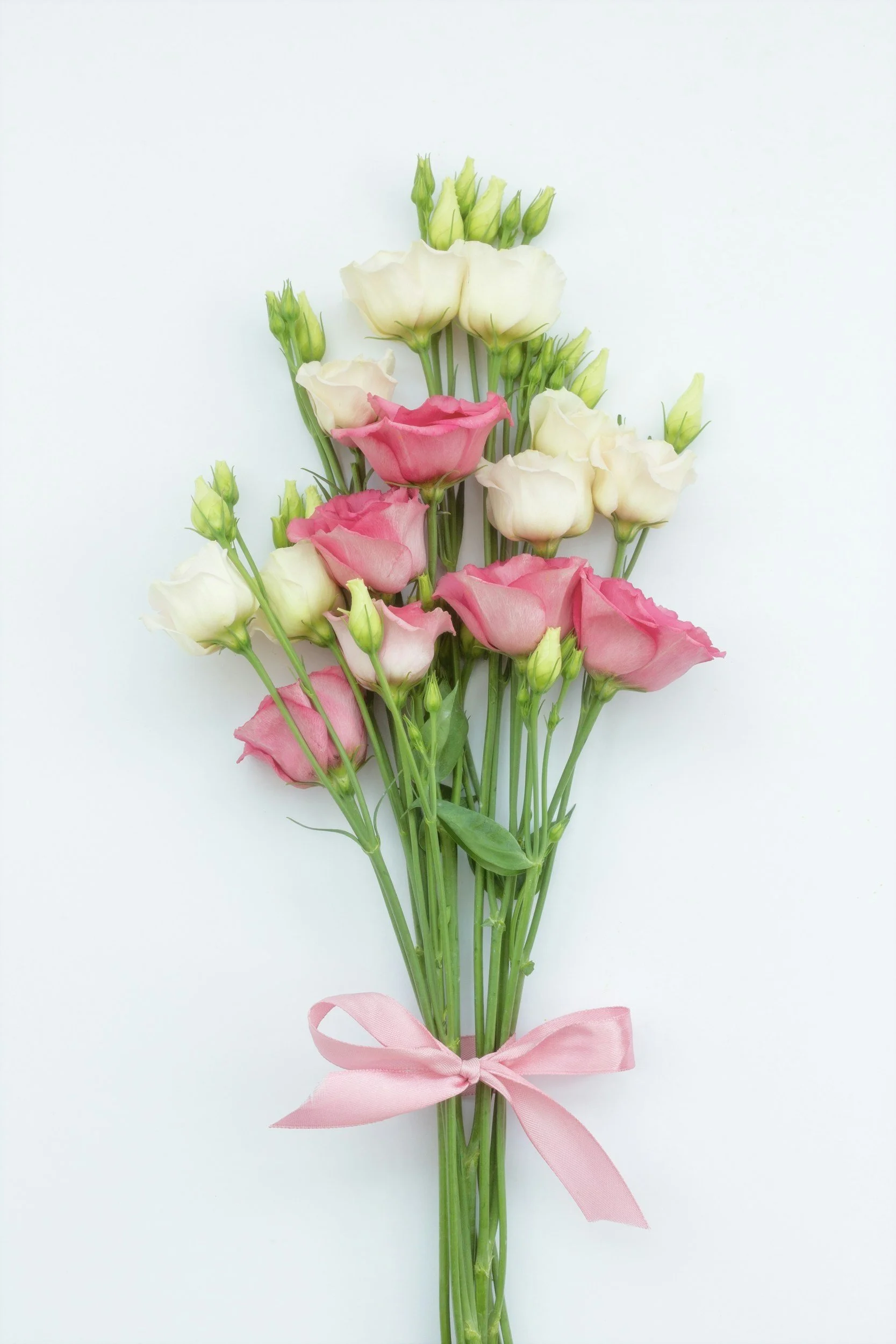 Small bouquet of pink and white lisianthus wrapped with ribbon from flower bar
