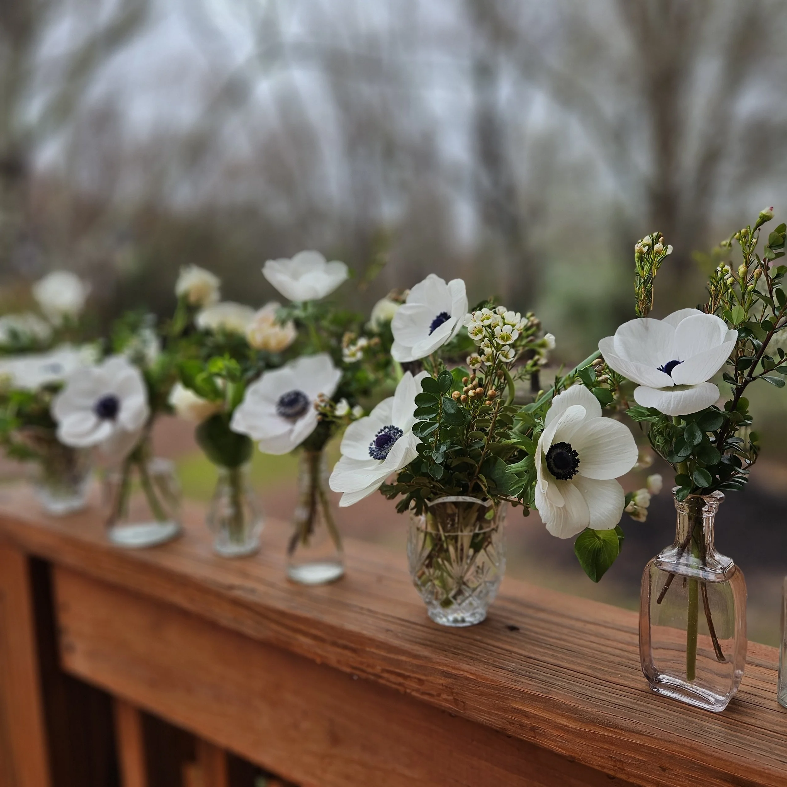 Collection of bud vases with elegant white anemones and fresh foliage