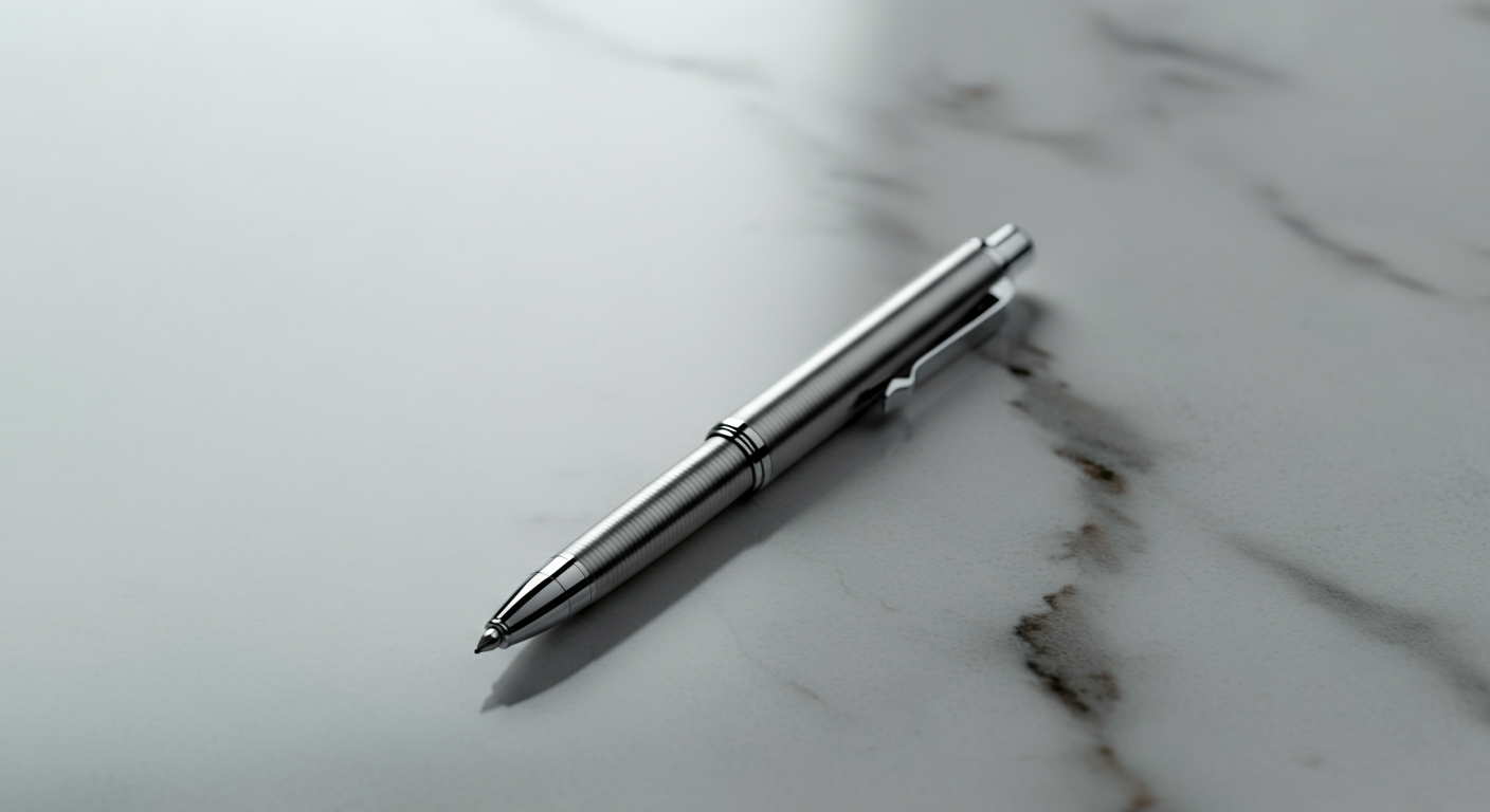 A silver retractable ballpoint pen resting on a white marble surface with dark veining.
