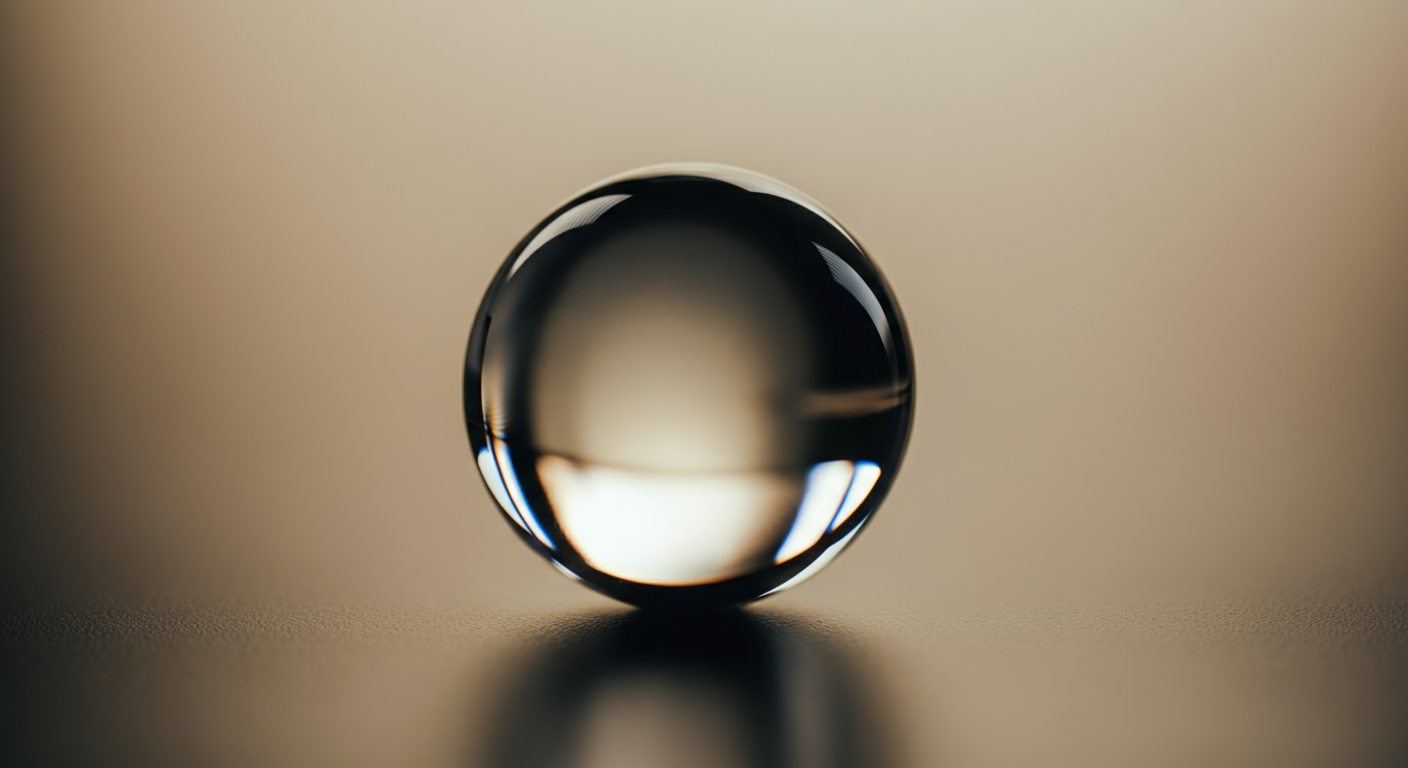 Close-up of a clear glass marble on a neutral surface with a light background.
